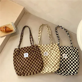 012174 Retro Corduroy Chessboard Plaid Shoulder Tote Bag for Female Students Class Canvas Bag Simple Woven Handbag