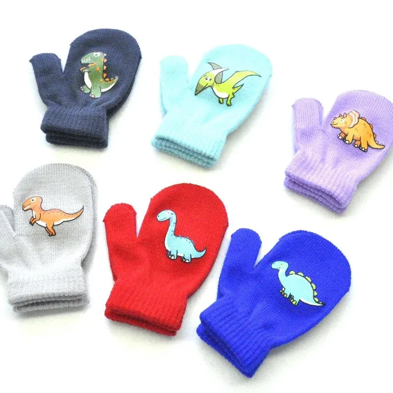 1-5years Kids Winter Mittens Outdoor Sport Warm Wool Gloves Cartoon Dinosaur Knitted Mittens for Baby Girls Baby Boys KF192