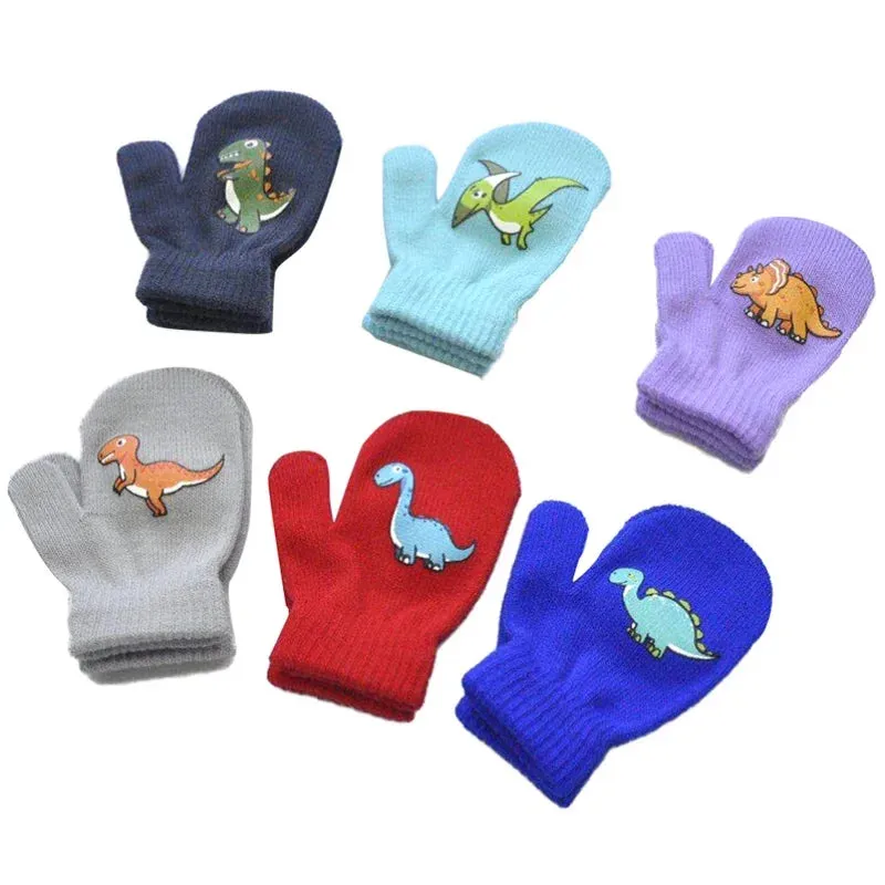 1-5years Kids Winter Mittens Outdoor Sport Warm Wool Gloves Cartoon Dinosaur Knitted Mittens for Baby Girls Baby Boys KF192