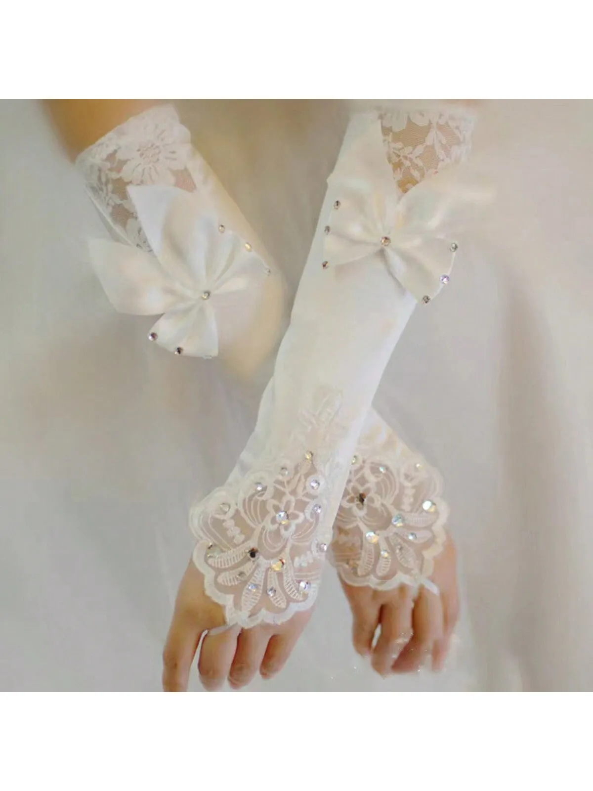 1pair Girl's Long White Lace Gloves With Sequins And Small Rhinestone Detail, Fingerless Gloves For Flower Girl, Bride, Wedding Season, Dance Performance, Costume Accessories