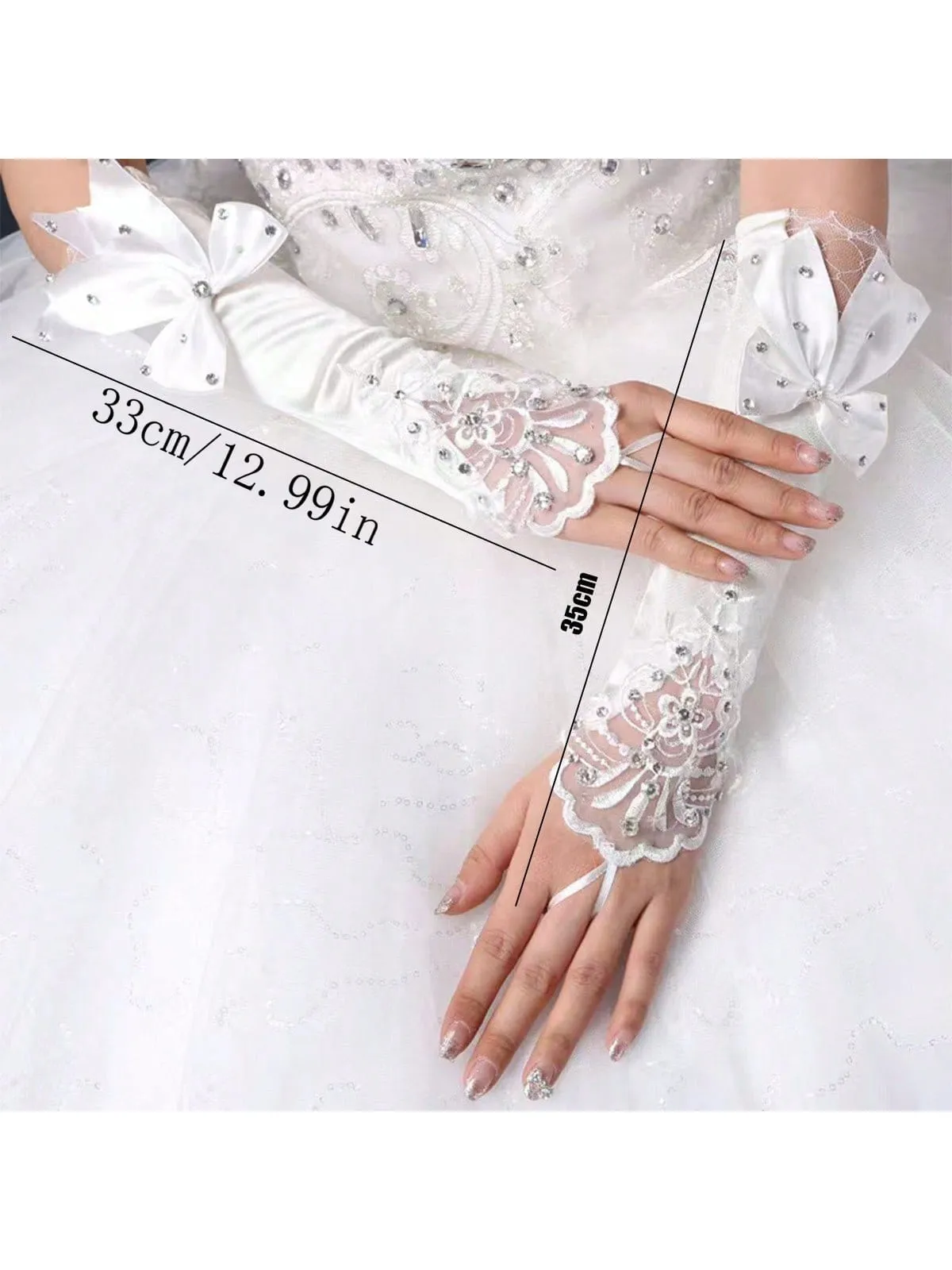 1pair Girl's Long White Lace Gloves With Sequins And Small Rhinestone Detail, Fingerless Gloves For Flower Girl, Bride, Wedding Season, Dance Performance, Costume Accessories