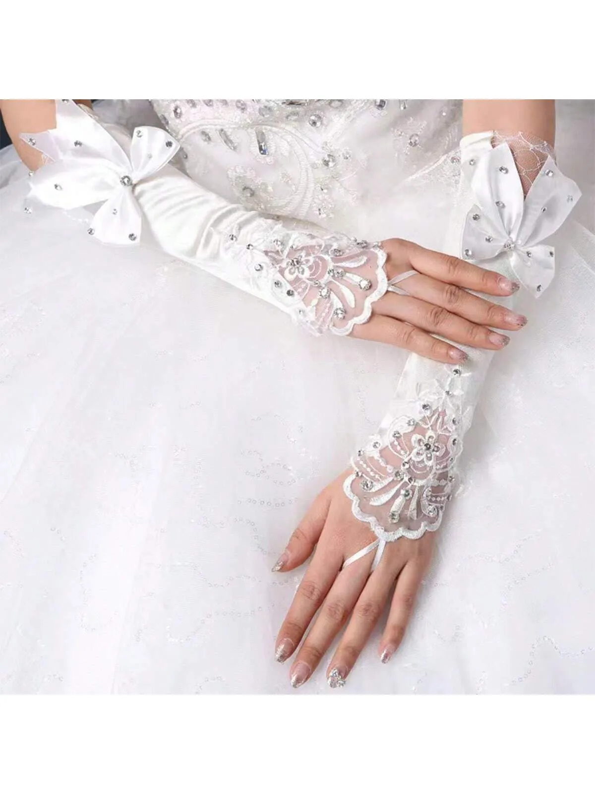 1pair Girl's Long White Lace Gloves With Sequins And Small Rhinestone Detail, Fingerless Gloves For Flower Girl, Bride, Wedding Season, Dance Performance, Costume Accessories