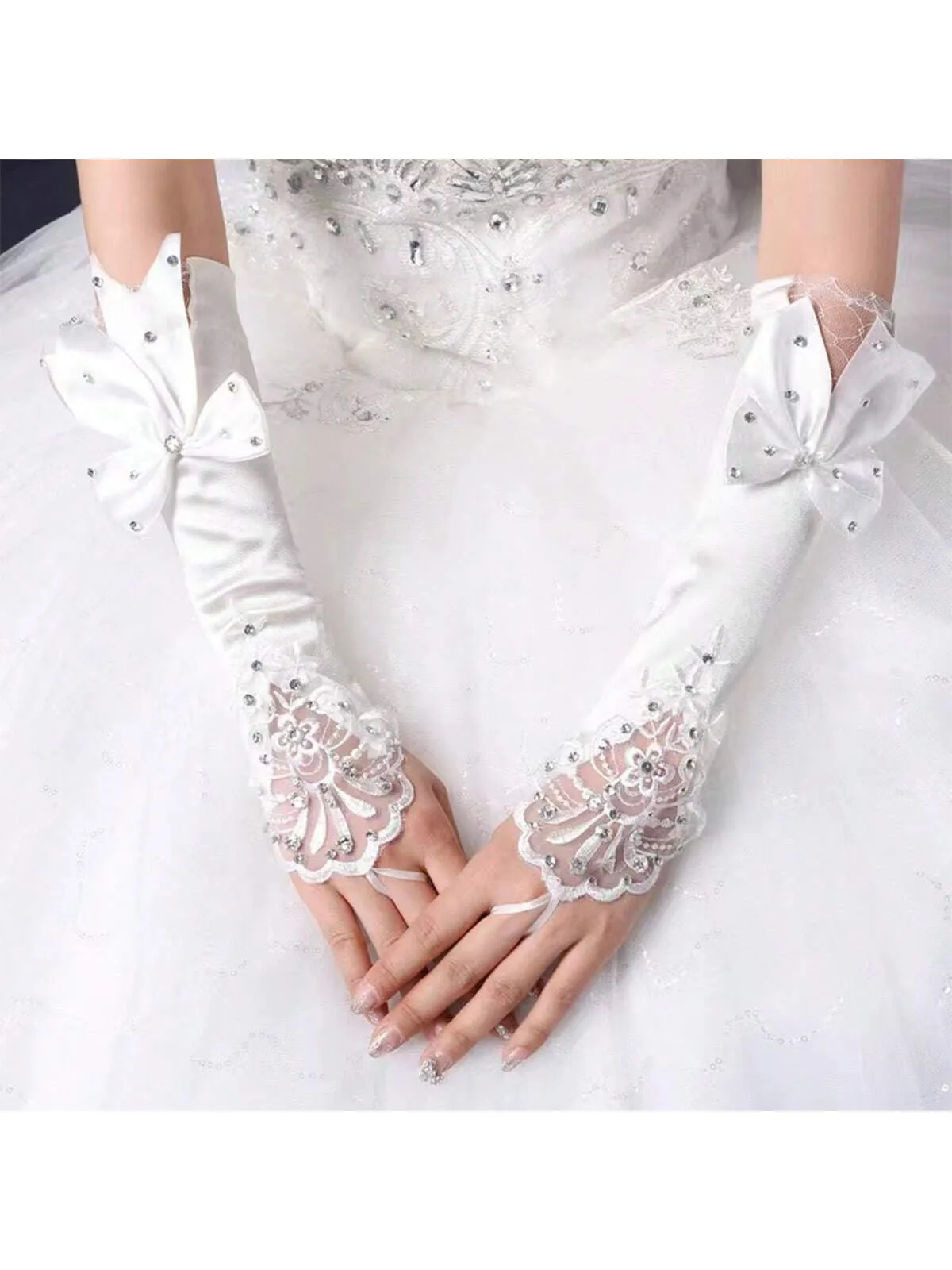 1pair Girl's Long White Lace Gloves With Sequins And Small Rhinestone Detail, Fingerless Gloves For Flower Girl, Bride, Wedding Season, Dance Performance, Costume Accessories