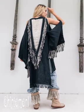 Alma Libra Linen Fringe Kimono ∆ Boho Cardigan Robe / Black