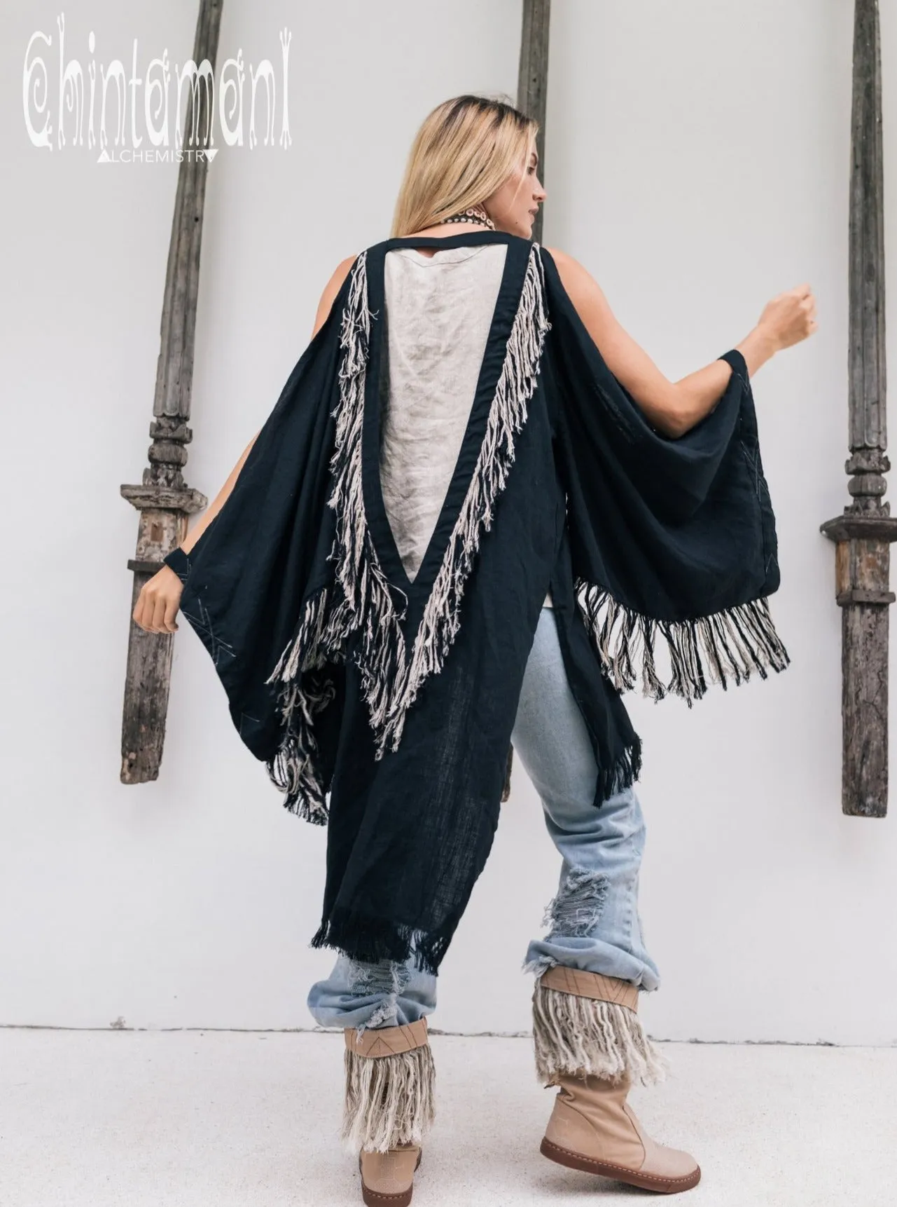 Alma Libra Linen Fringe Kimono ∆ Boho Cardigan Robe / Black