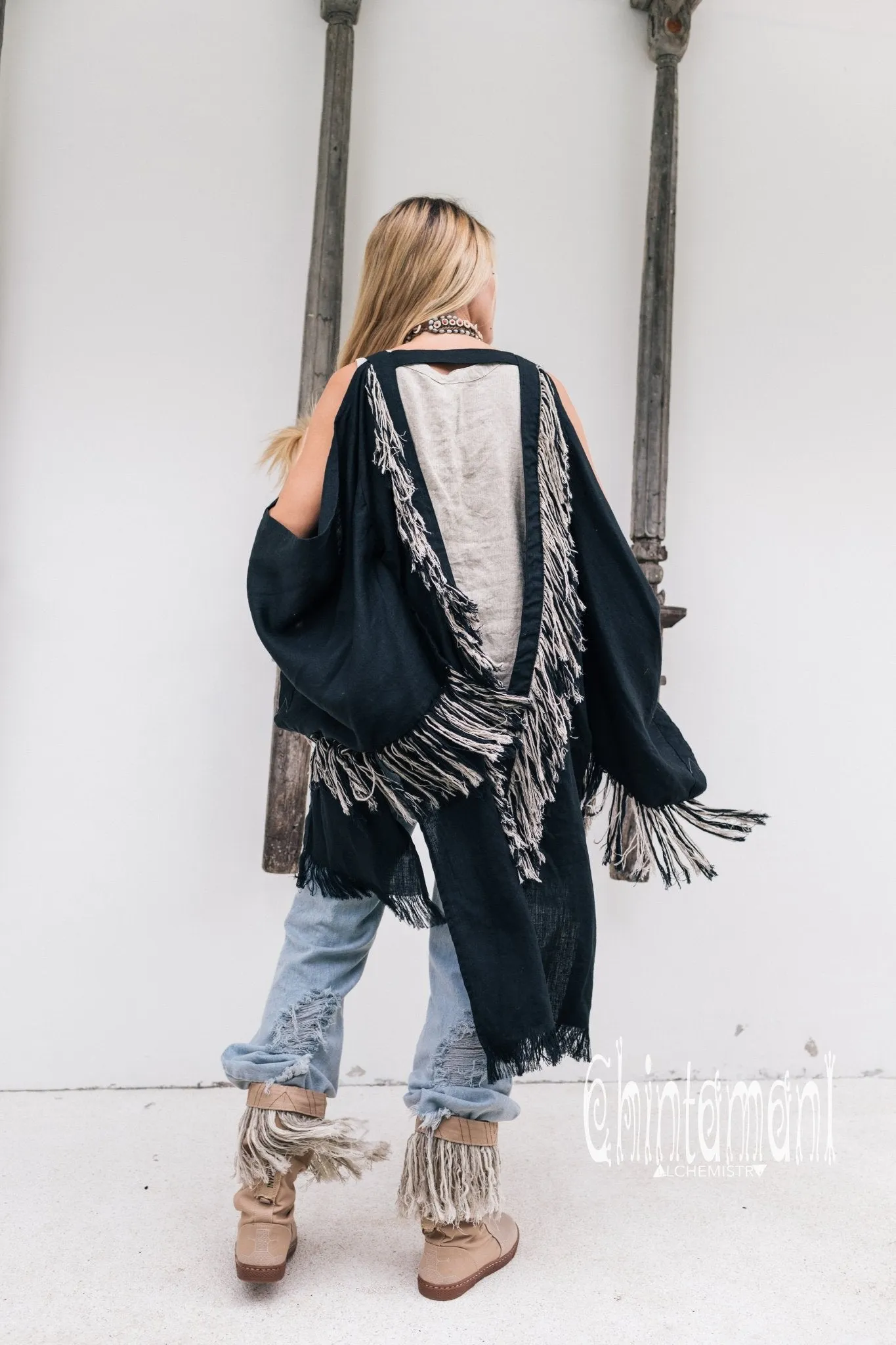 Alma Libra Linen Fringe Kimono ∆ Boho Cardigan Robe / Black