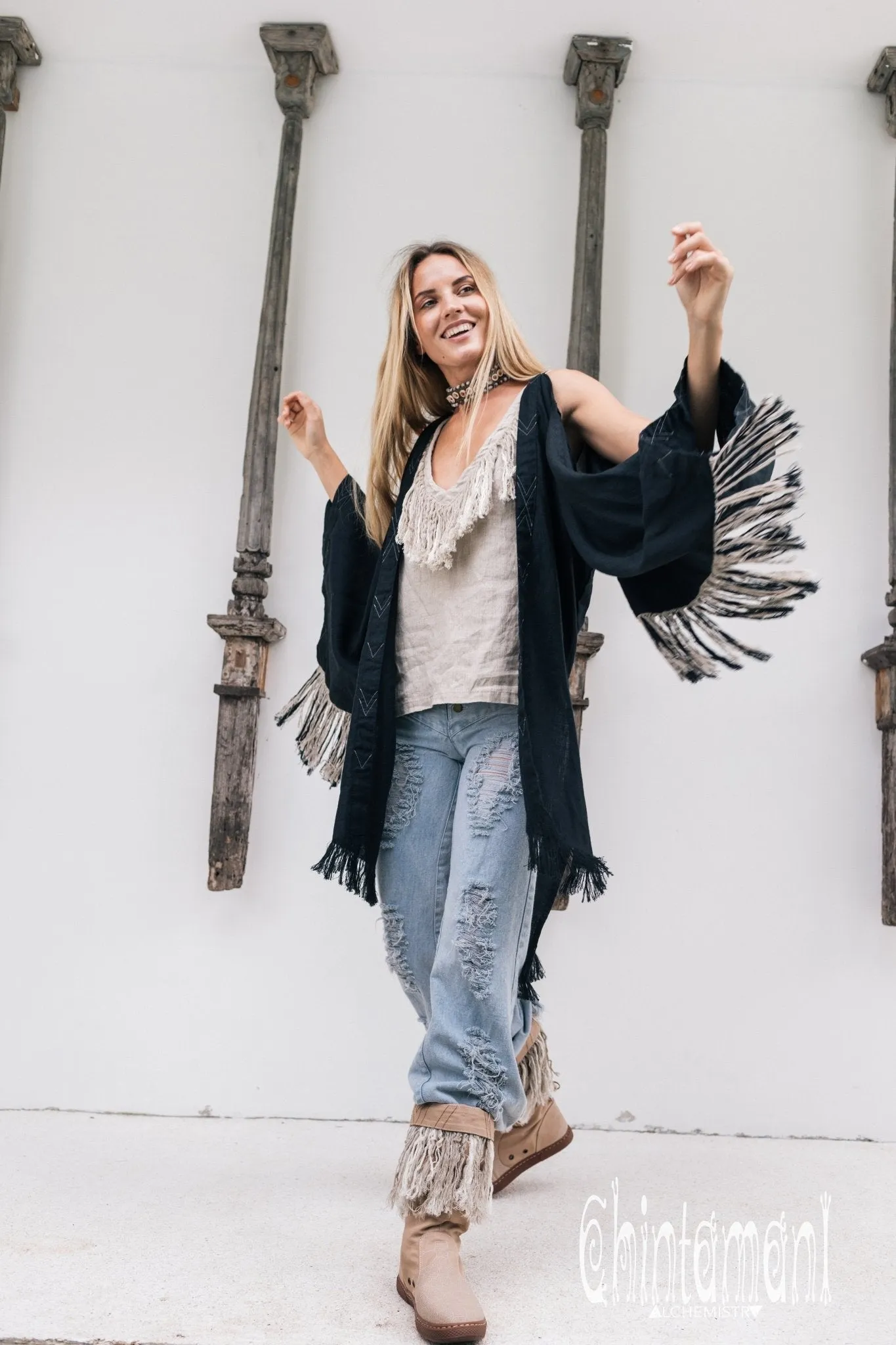 Alma Libra Linen Fringe Kimono ∆ Boho Cardigan Robe / Black