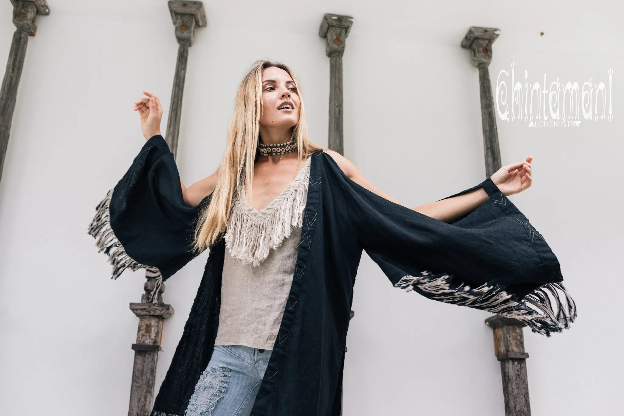 Alma Libra Linen Fringe Kimono ∆ Boho Cardigan Robe / Black