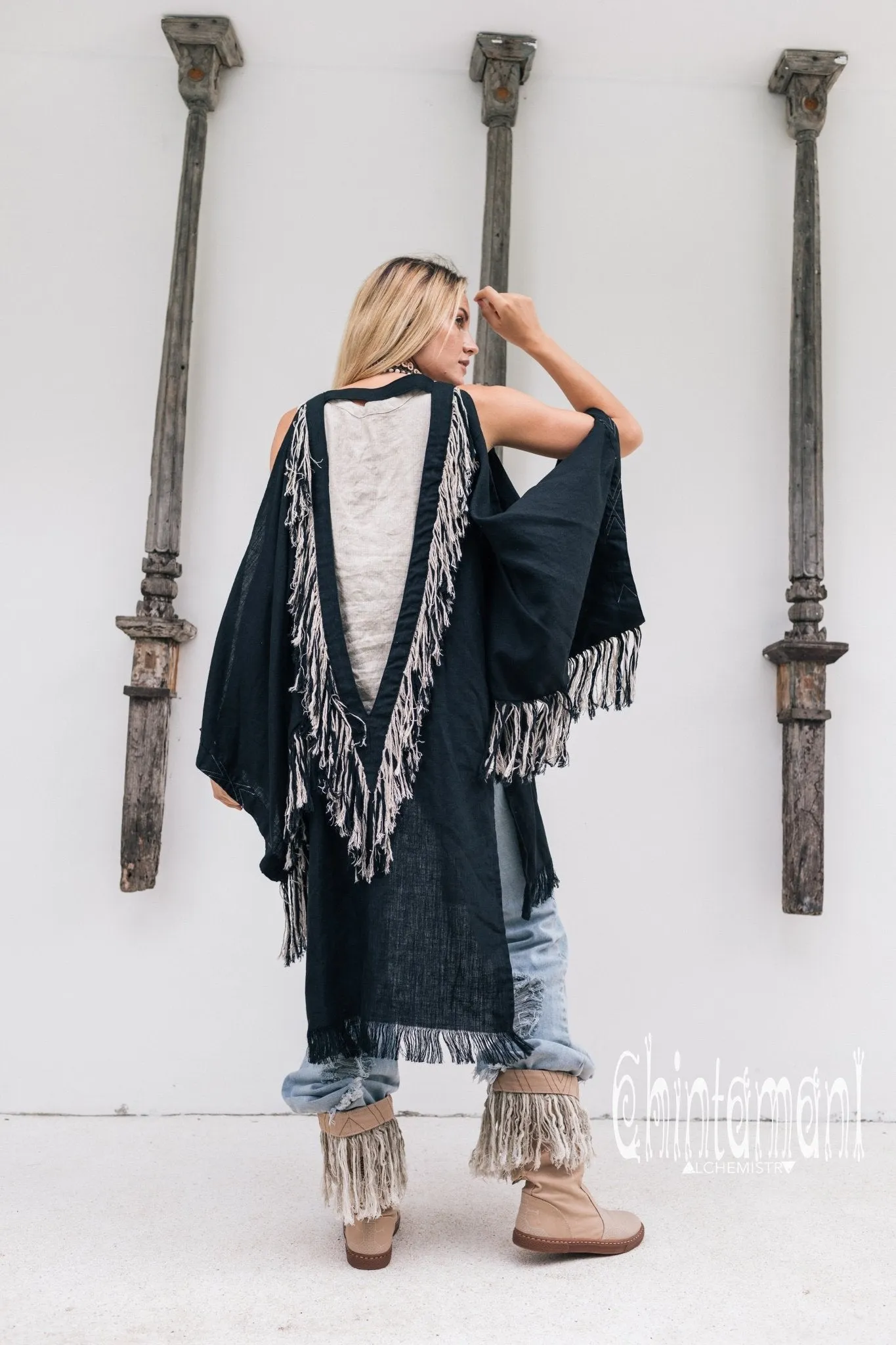 Alma Libra Linen Fringe Kimono ∆ Boho Cardigan Robe / Black