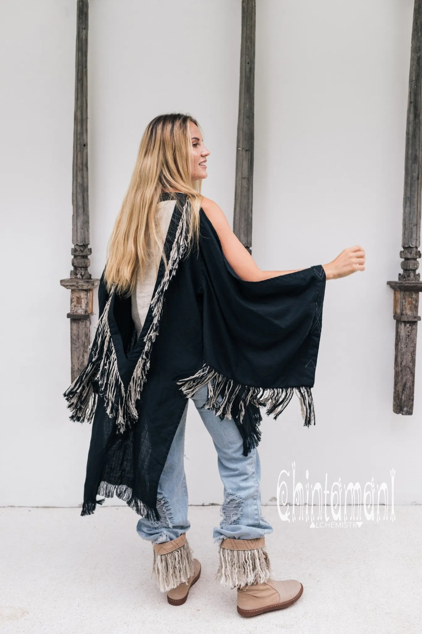 Alma Libra Linen Fringe Kimono ∆ Boho Cardigan Robe / Black