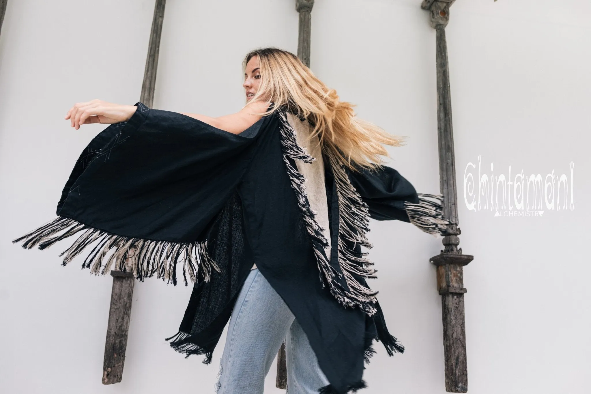 Alma Libra Linen Fringe Kimono ∆ Boho Cardigan Robe / Black