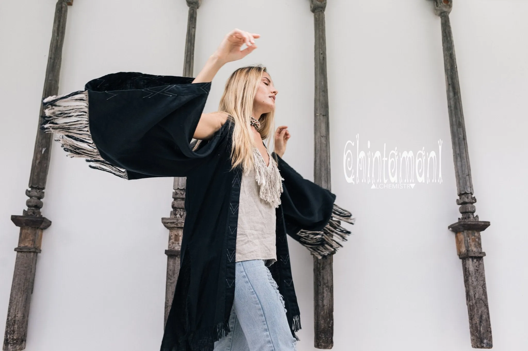 Alma Libra Linen Fringe Kimono ∆ Boho Cardigan Robe / Black