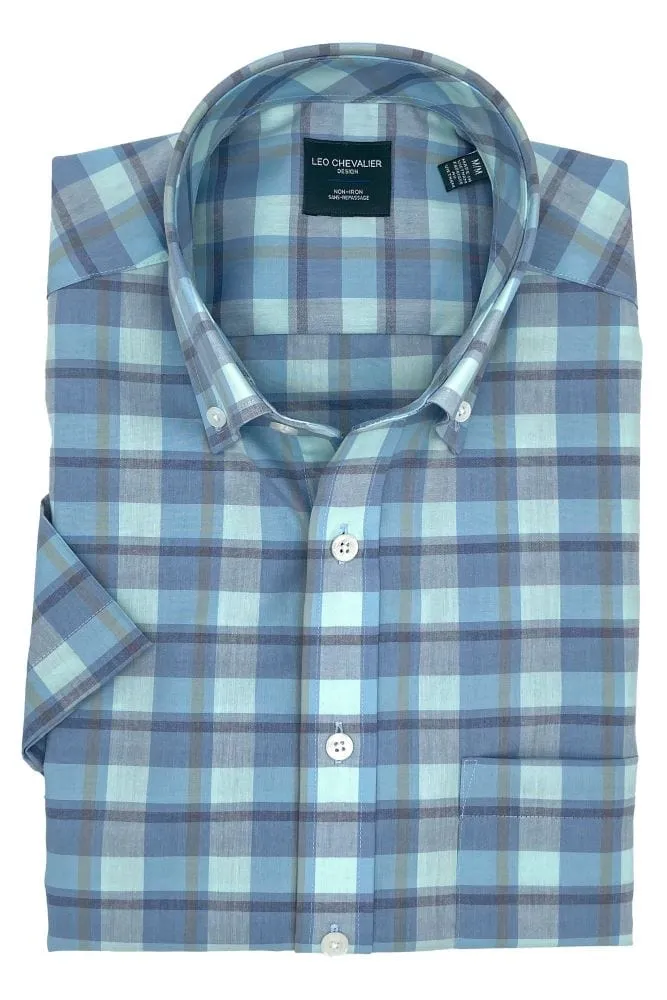 Aqua Plaid Short Sleeve Button Down Shirt