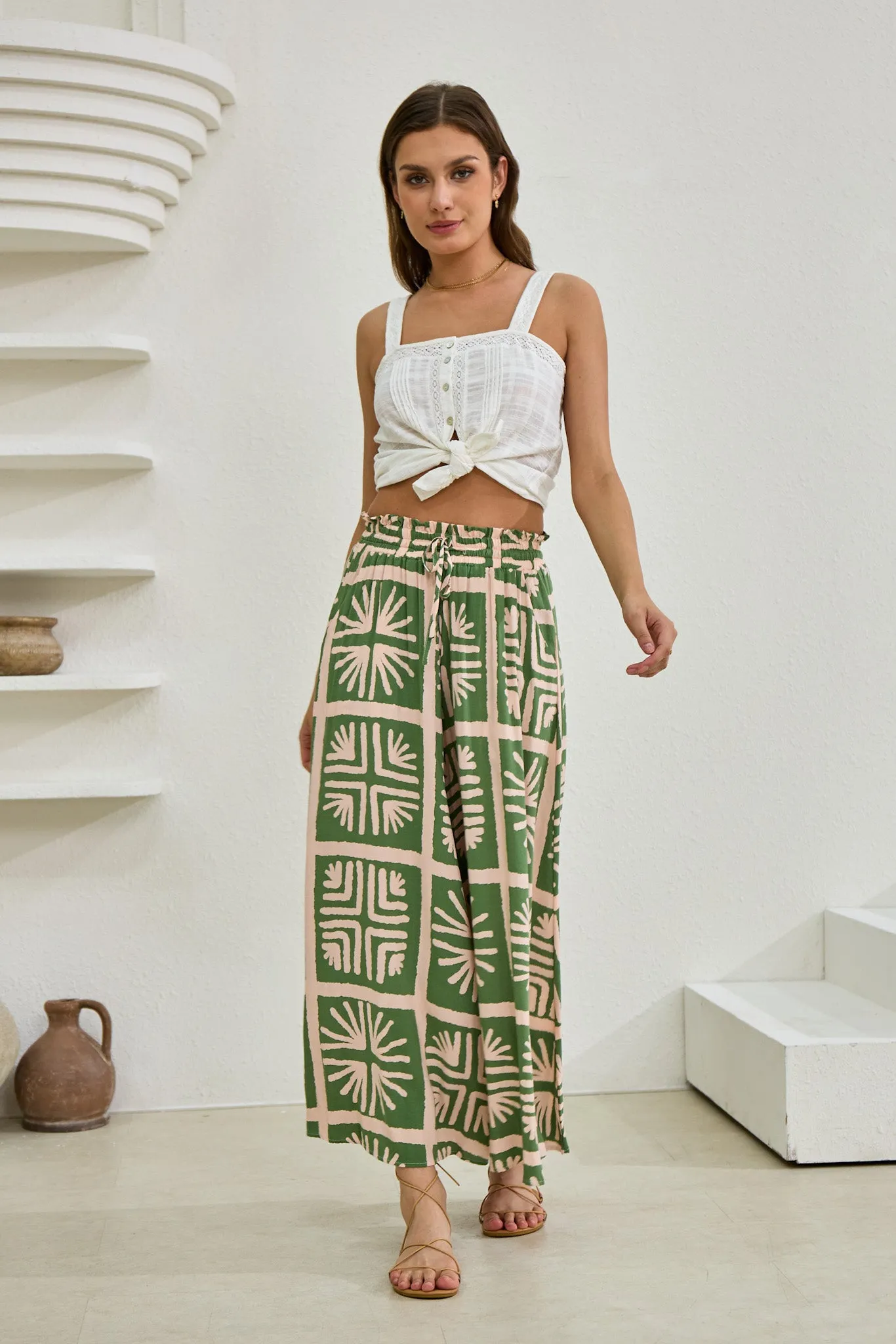 Ardenia Green Abstract Wide Leg Cropped Pants