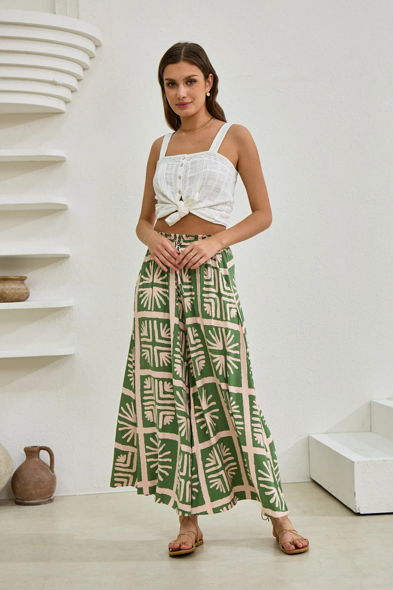 Ardenia Green Abstract Wide Leg Cropped Pants