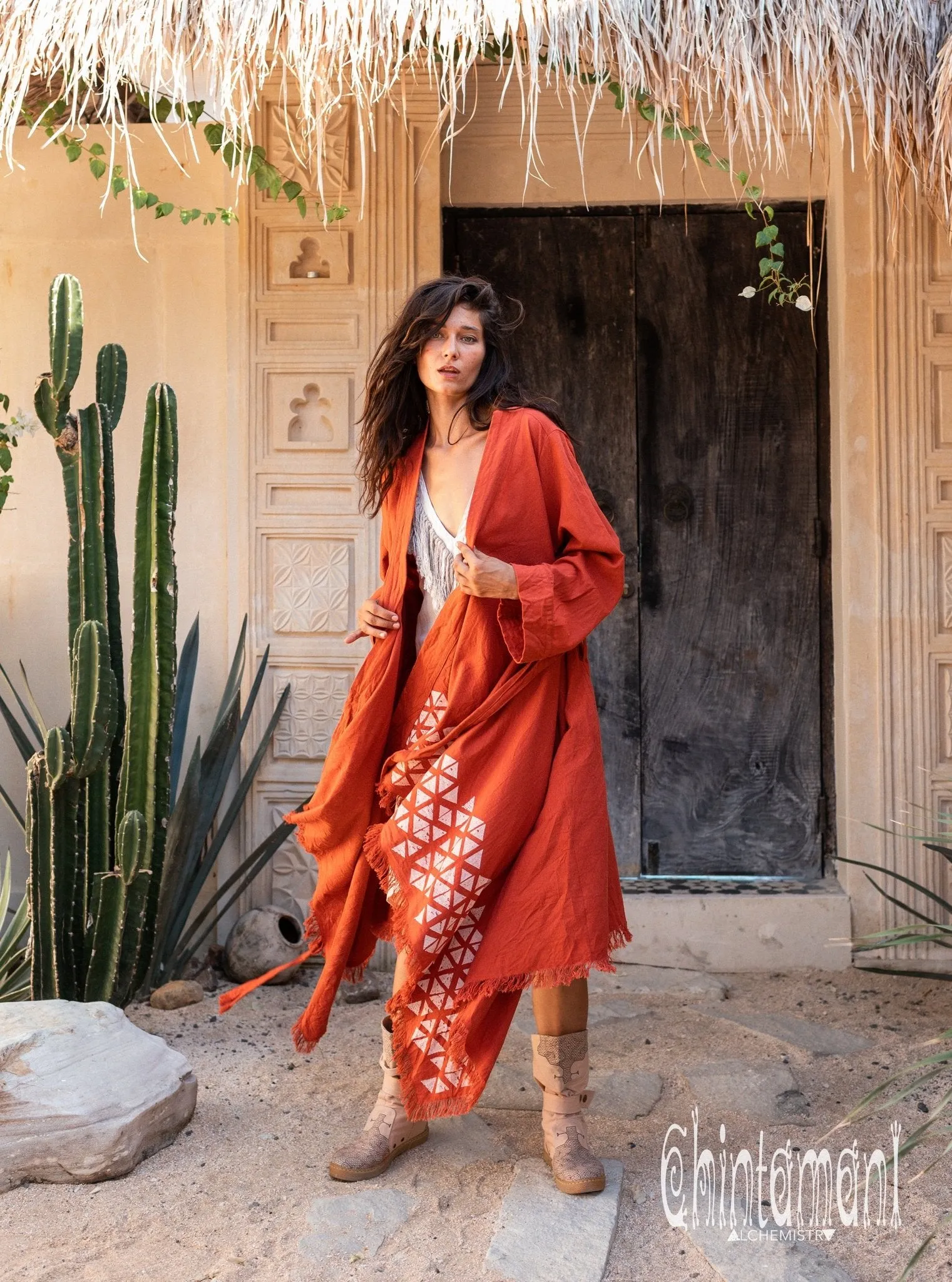 Asymmetric Huge Mantle Cardigan for Women / Raw Cotton Kimono Wrap / Red Ochre