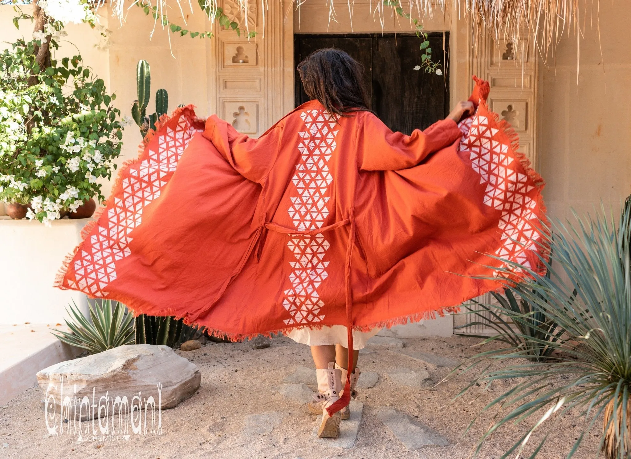 Asymmetric Huge Mantle Cardigan for Women / Raw Cotton Kimono Wrap / Red Ochre