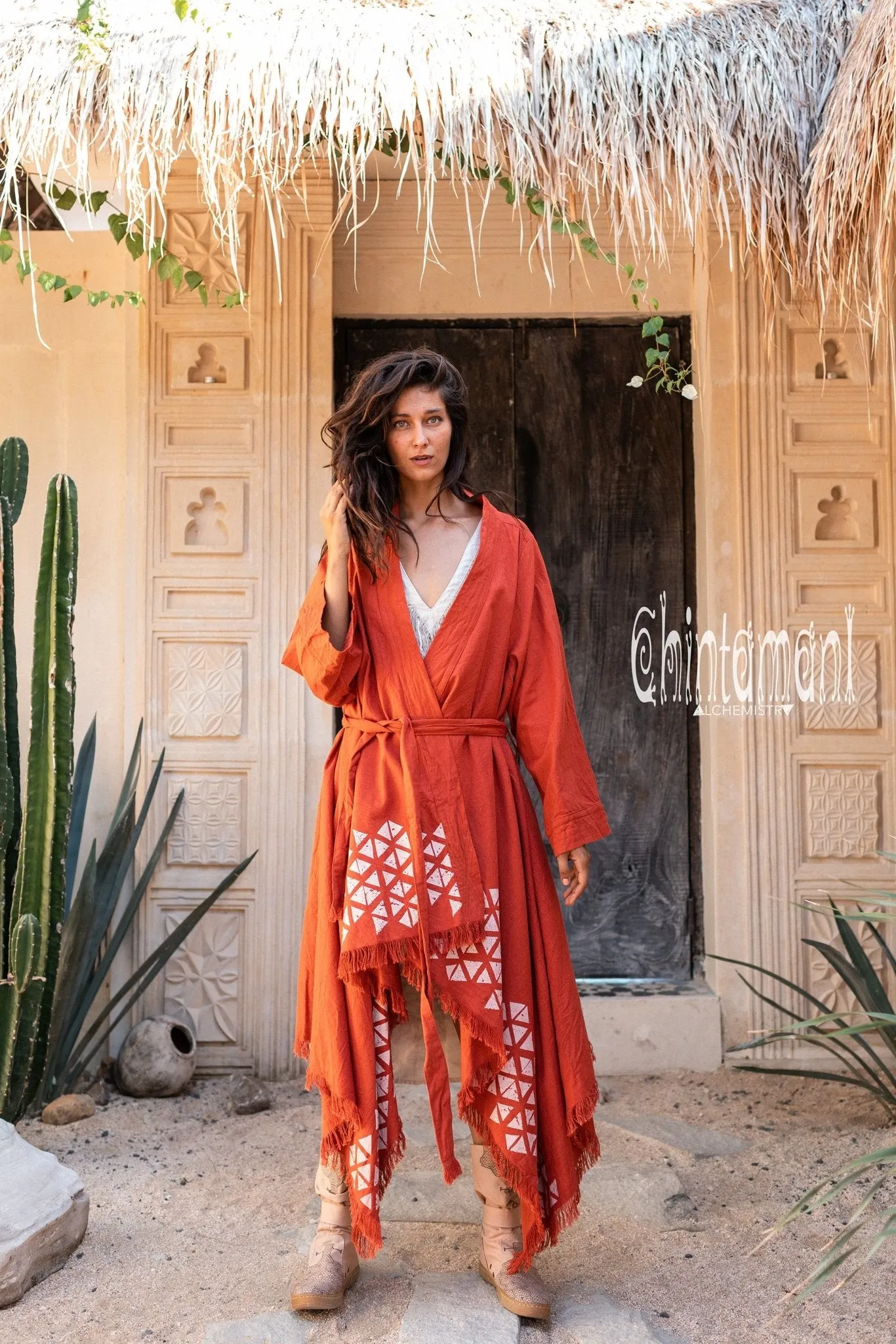 Asymmetric Huge Mantle Cardigan for Women / Raw Cotton Kimono Wrap / Red Ochre