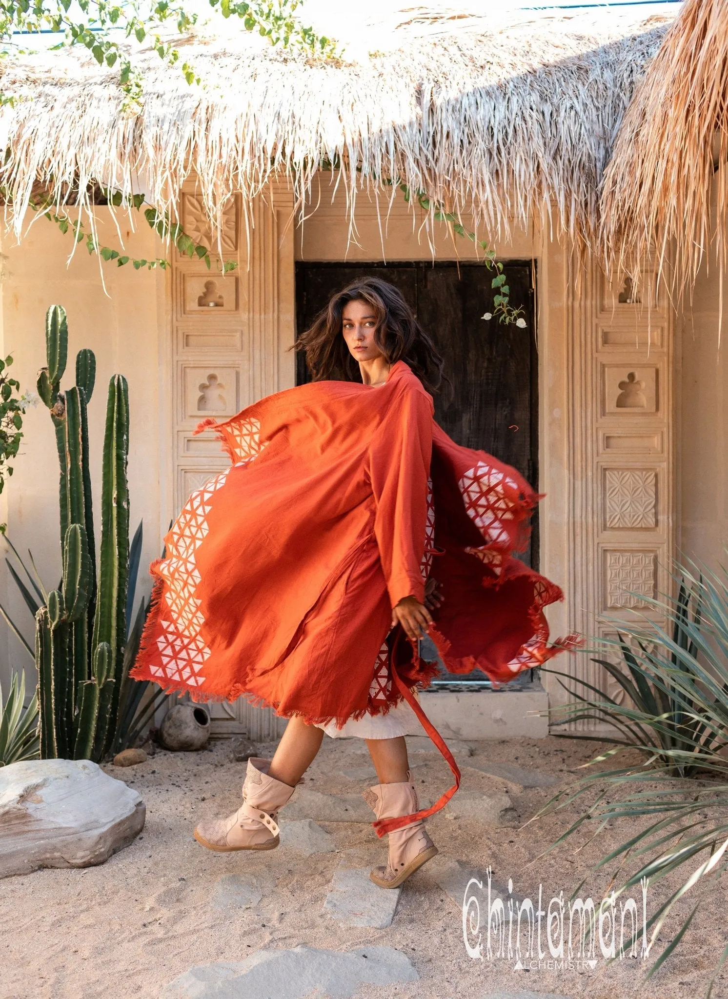 Asymmetric Huge Mantle Cardigan for Women / Raw Cotton Kimono Wrap / Red Ochre