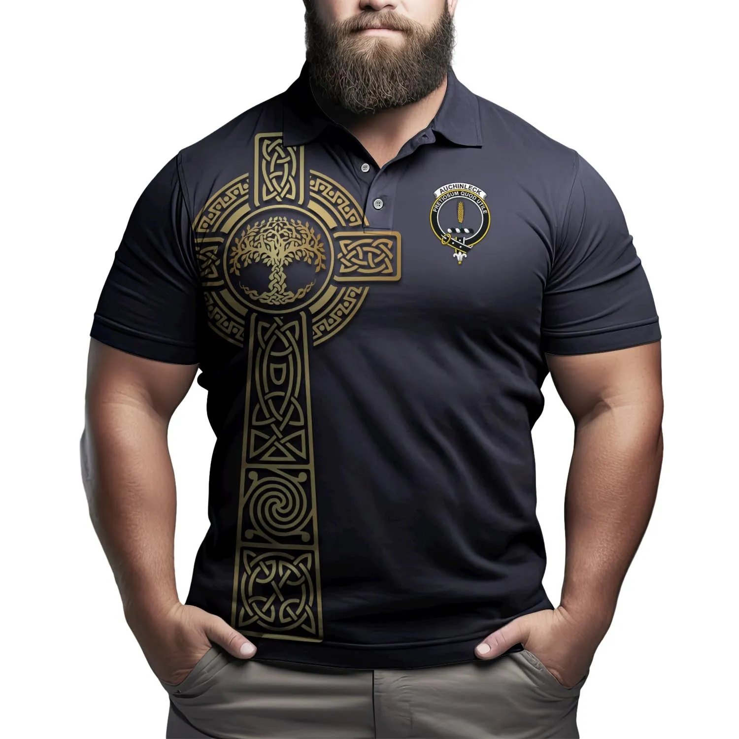 Auchinleck (Affleck) Clan Polo Shirt with Golden Celtic Tree Of Life