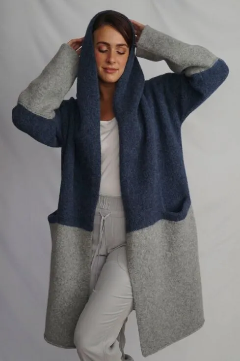 BARBARA Alpaca Long Hooded Cardigan Coat in Grey/Denim