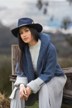 BARBARA Alpaca Long Hooded Cardigan Coat in Grey/Denim