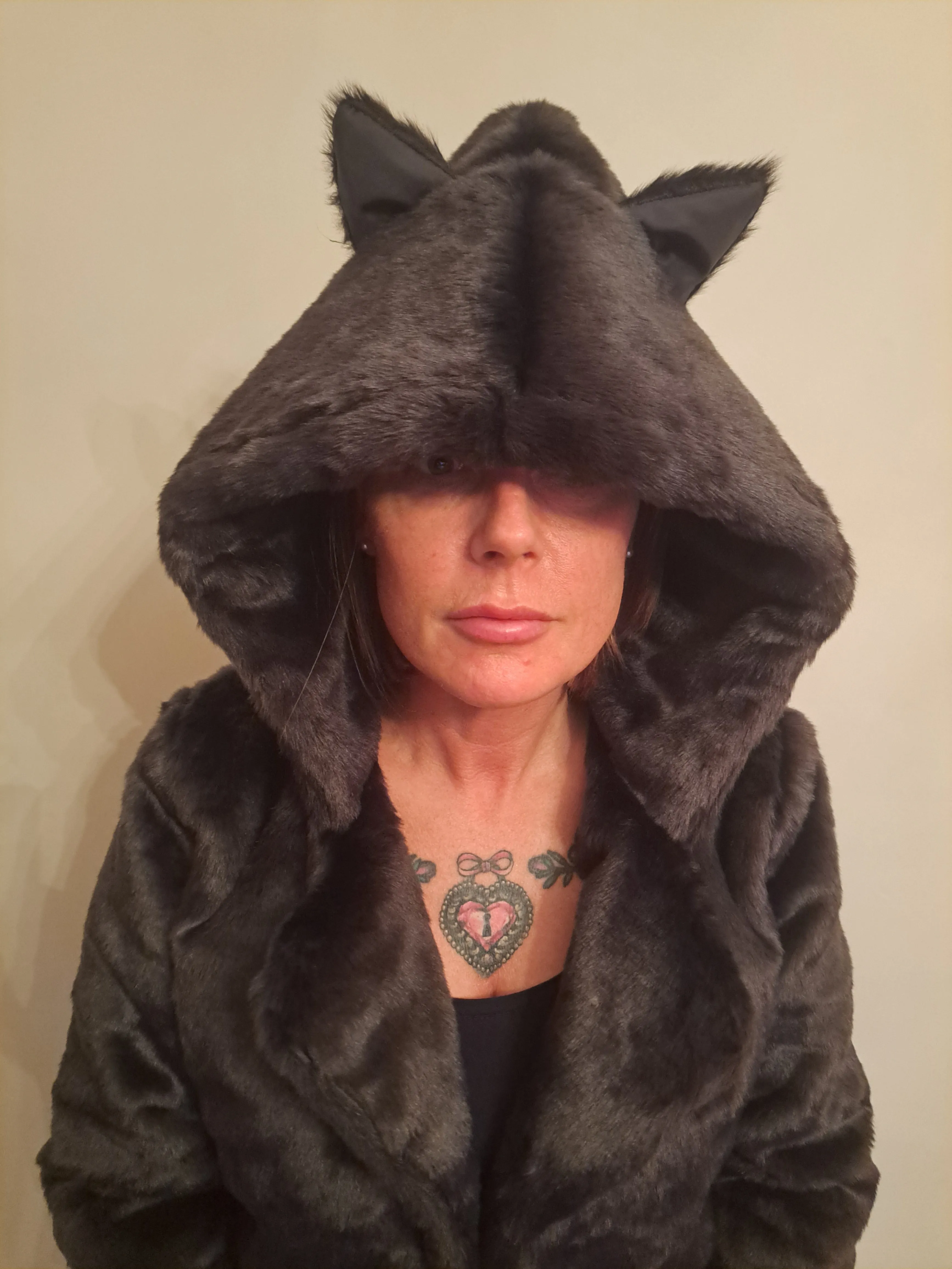 Black Faux Fur Animal Ears Faux Fur Jacket