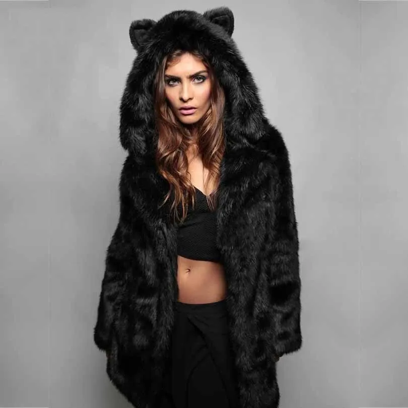 Black Faux Fur Animal Ears Faux Fur Jacket