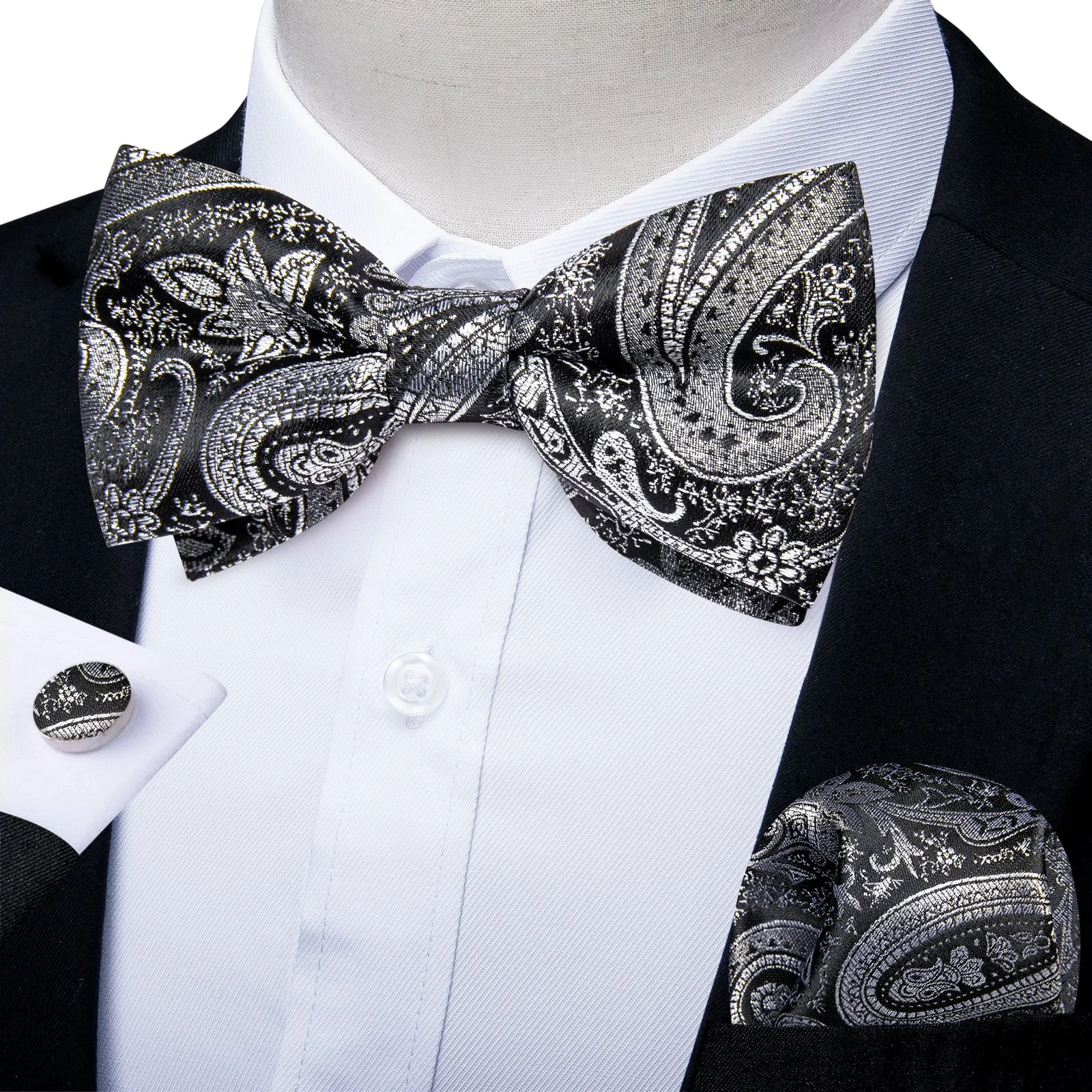 Black Grey Paisley Jacquard Silk Men's Collar Vest Bow Tie Handkerchief Cufflinks Set