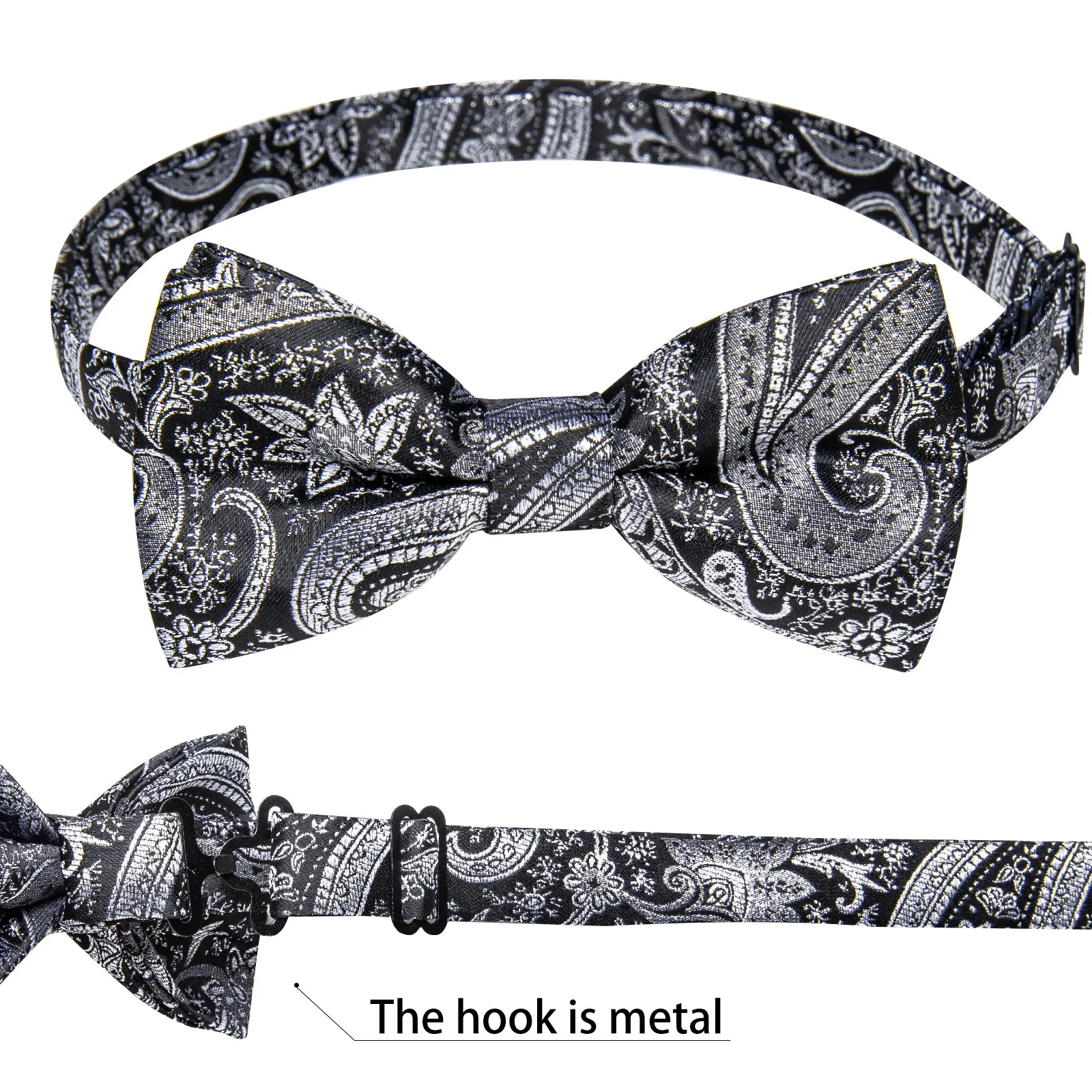 Black Grey Paisley Jacquard Silk Men's Collar Vest Bow Tie Handkerchief Cufflinks Set