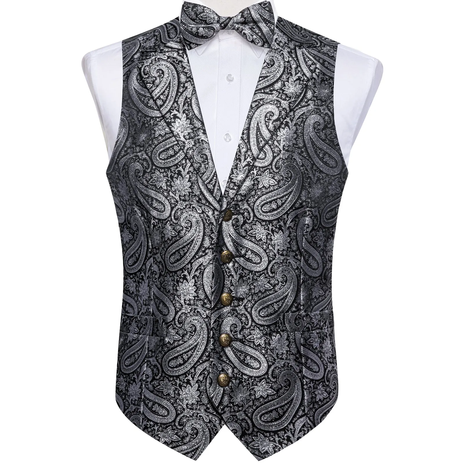 Black Grey Paisley Jacquard Silk Men's Collar Vest Bow Tie Handkerchief Cufflinks Set