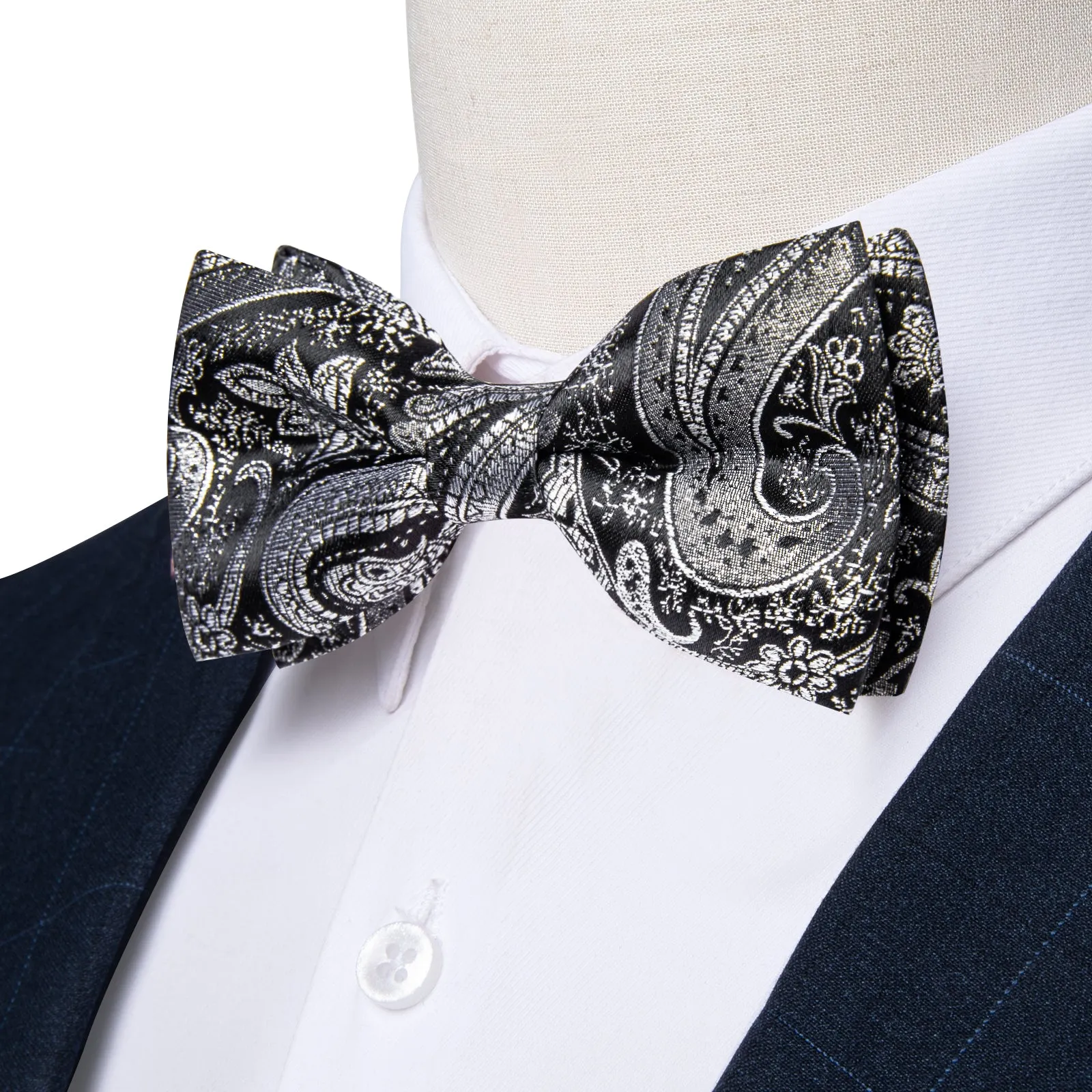 Black Grey Paisley Jacquard Silk Men's Collar Vest Bow Tie Handkerchief Cufflinks Set