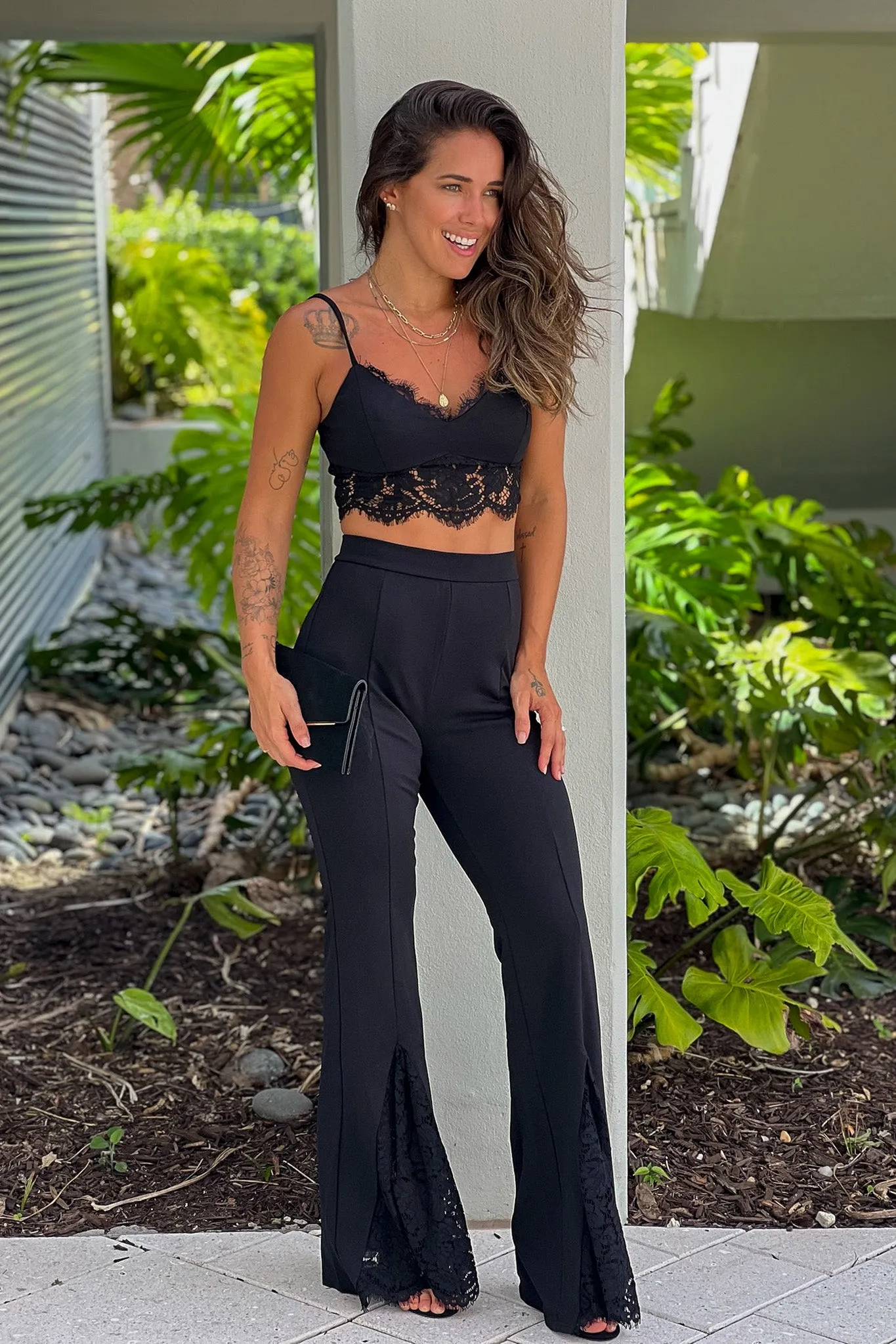 Black Lace Top And Pants Set