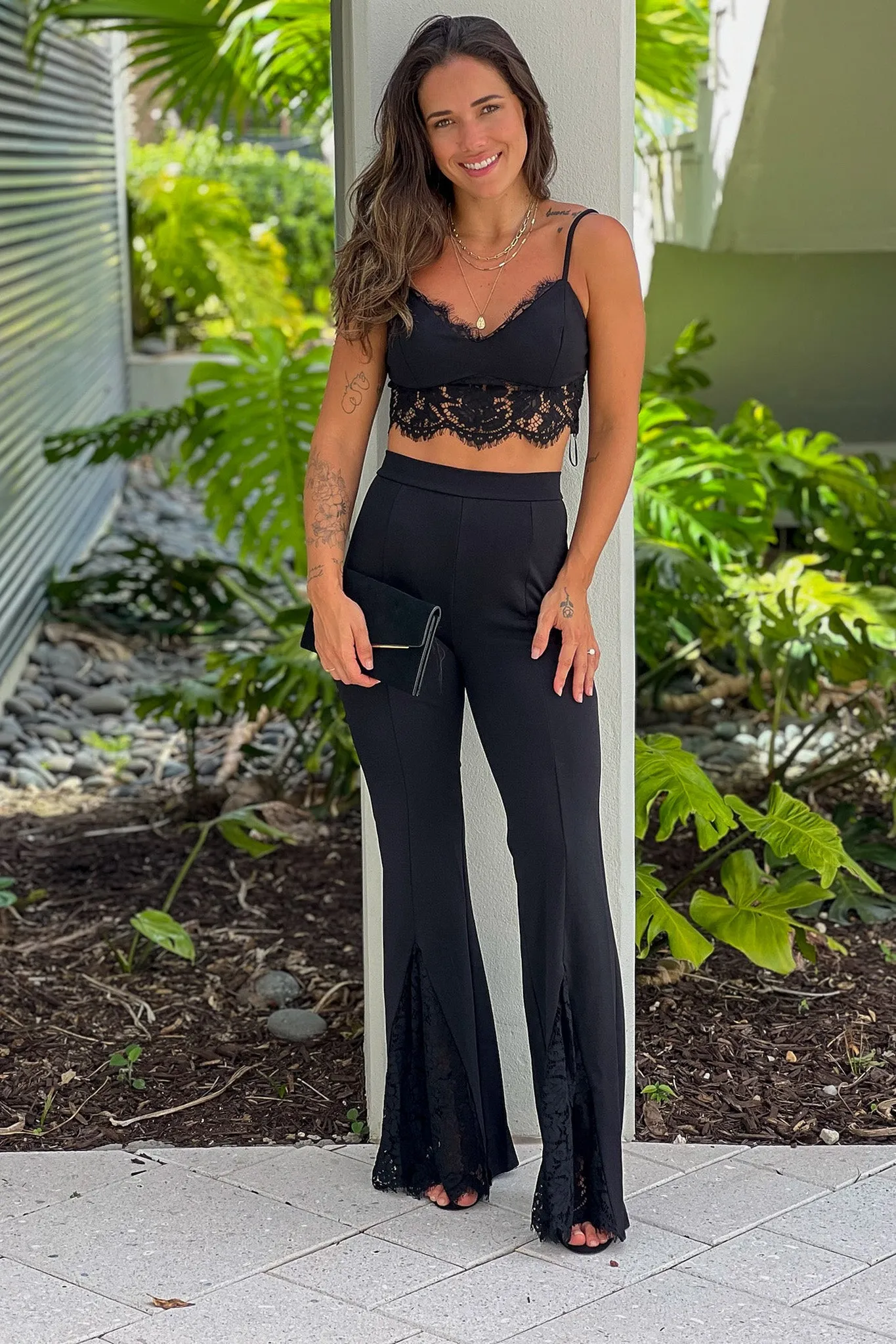 Black Lace Top And Pants Set