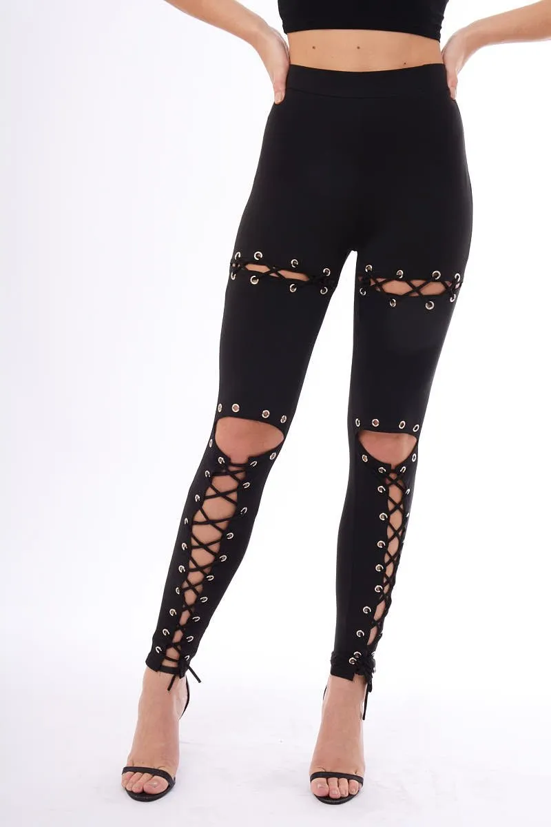 Black Lace Up Front Leggings - Hattie