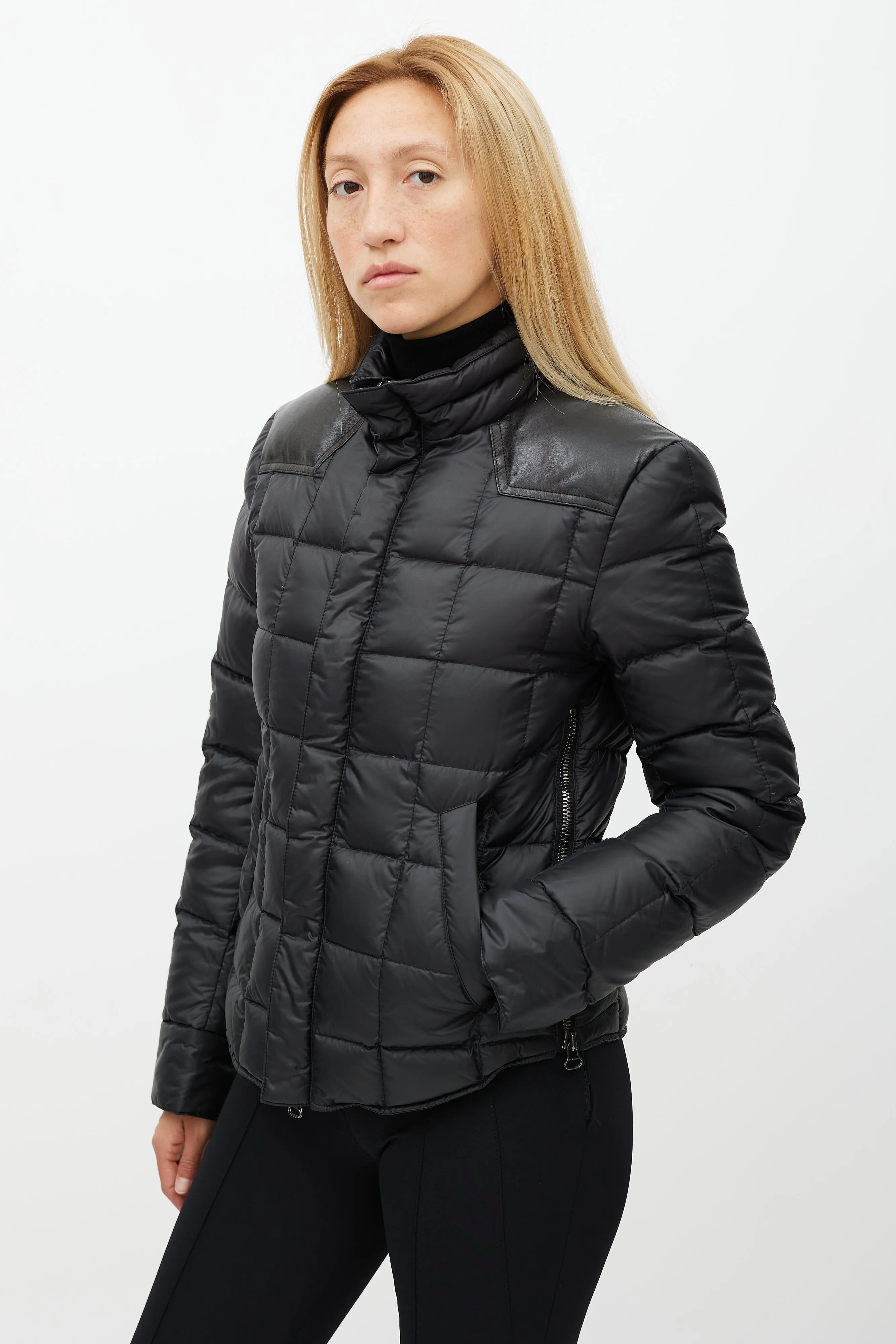 Black Leather Yoke Puffer Jacket