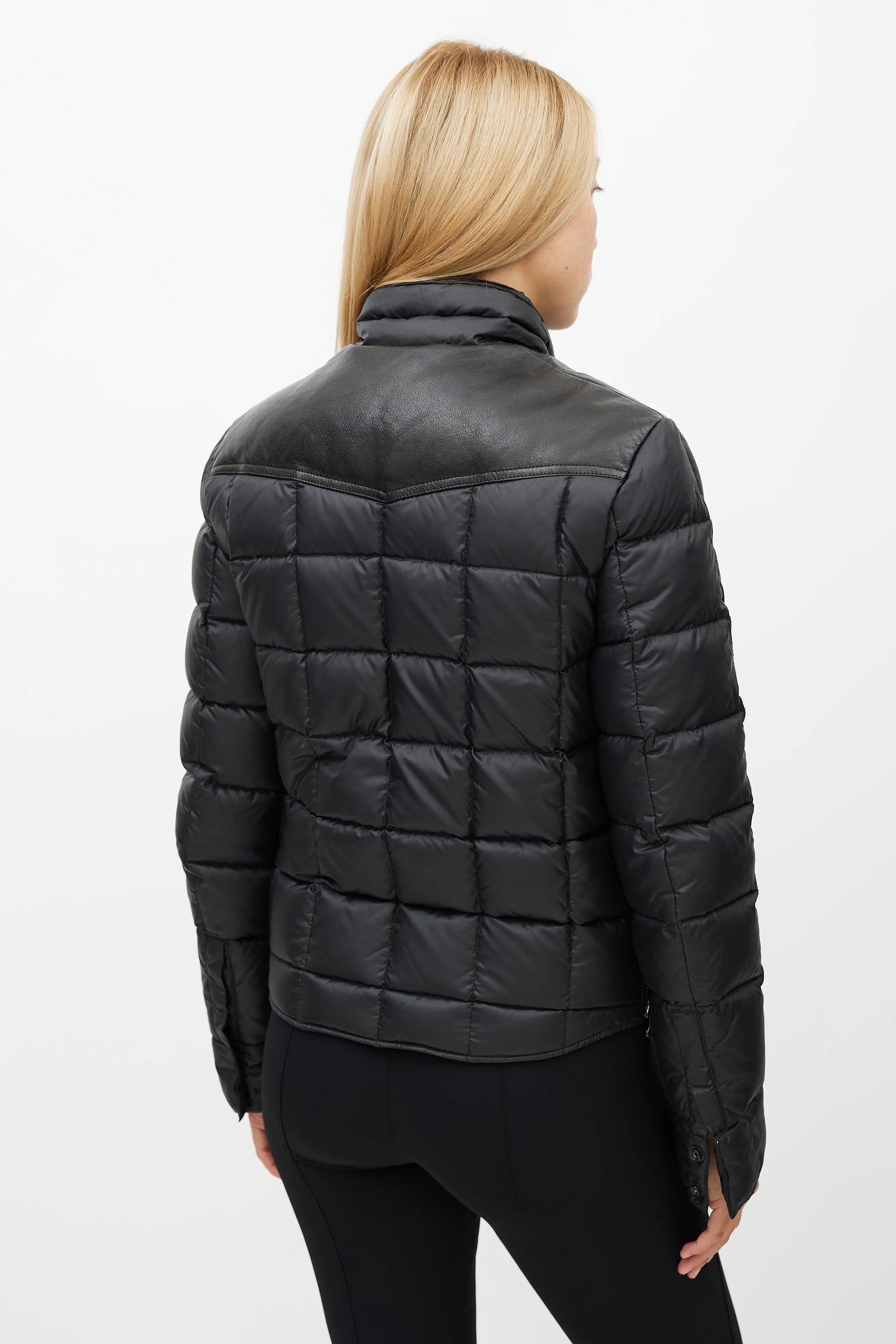 Black Leather Yoke Puffer Jacket