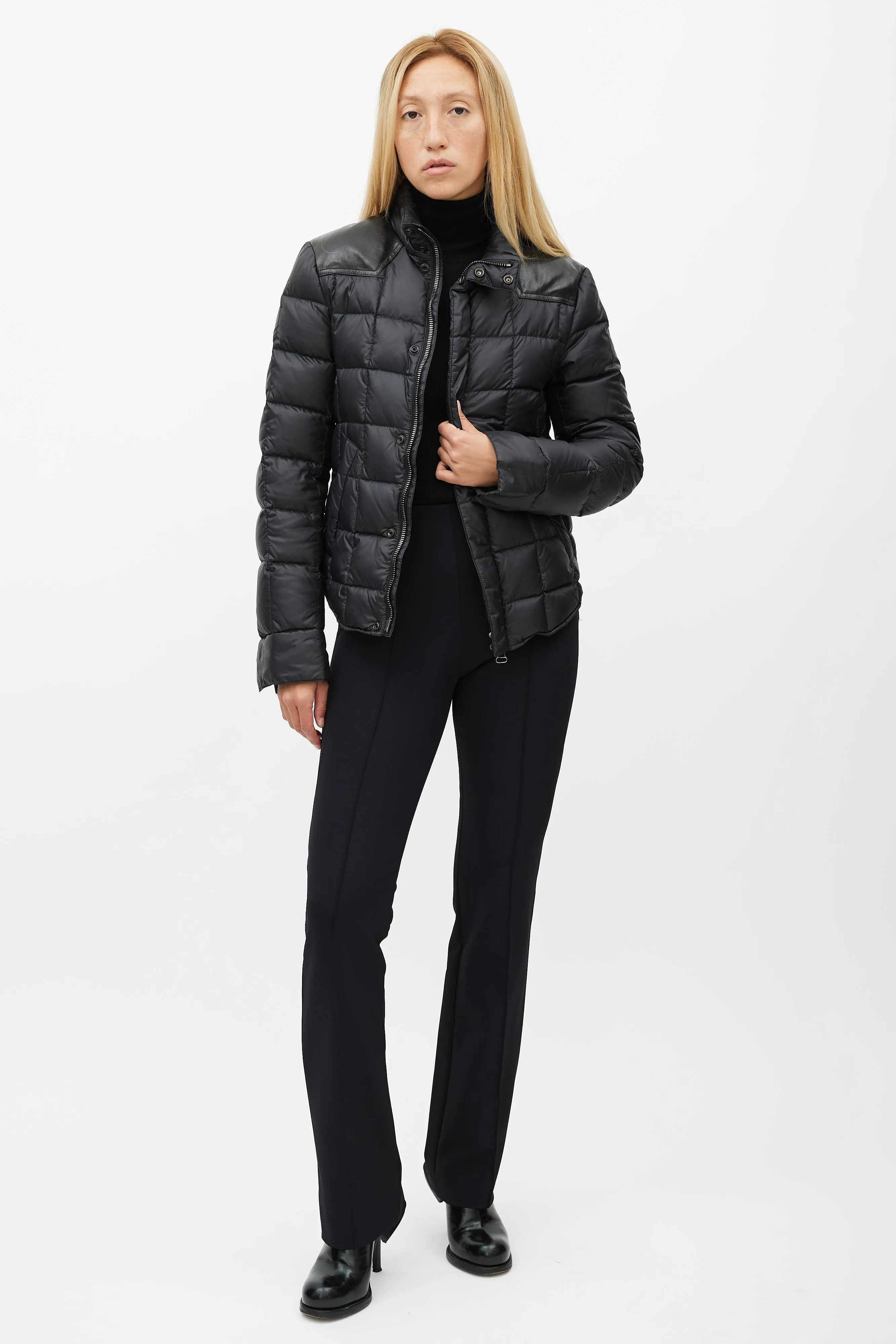 Black Leather Yoke Puffer Jacket