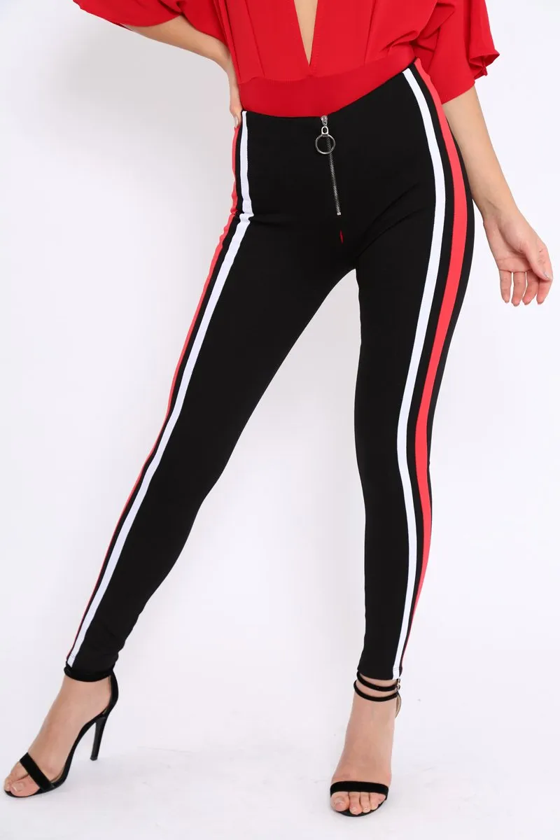 Black Stretch Leggings with Red and White Side Stripe - Myrical