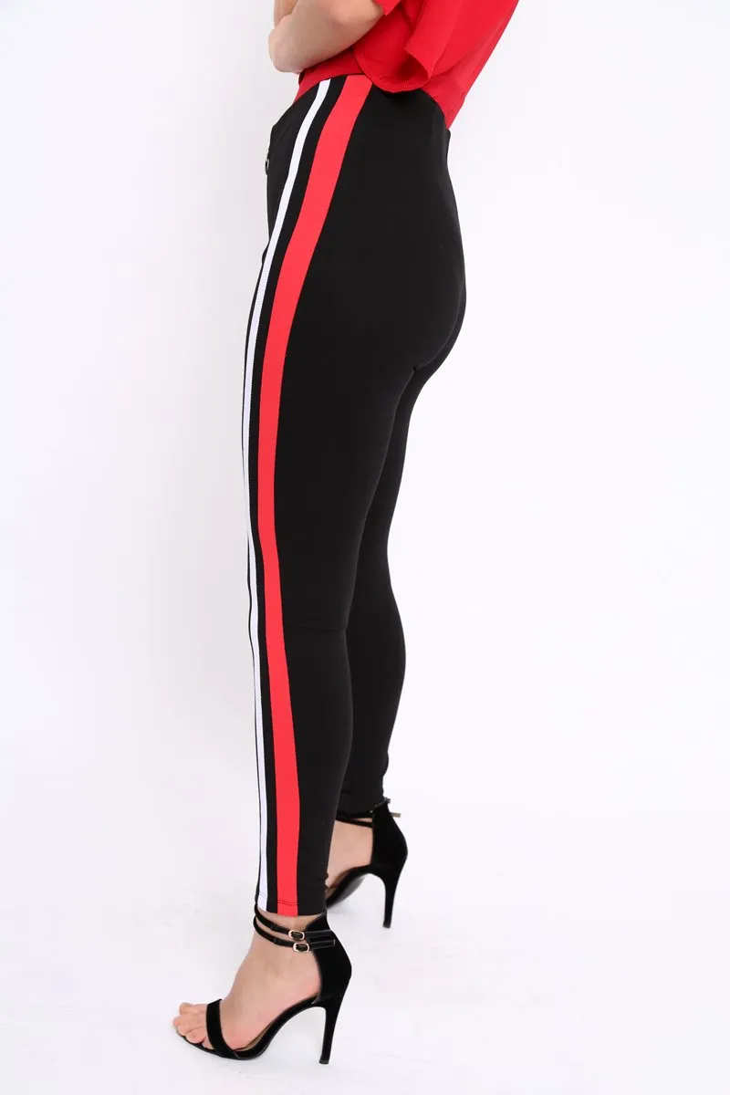 Black Stretch Leggings with Red and White Side Stripe - Myrical