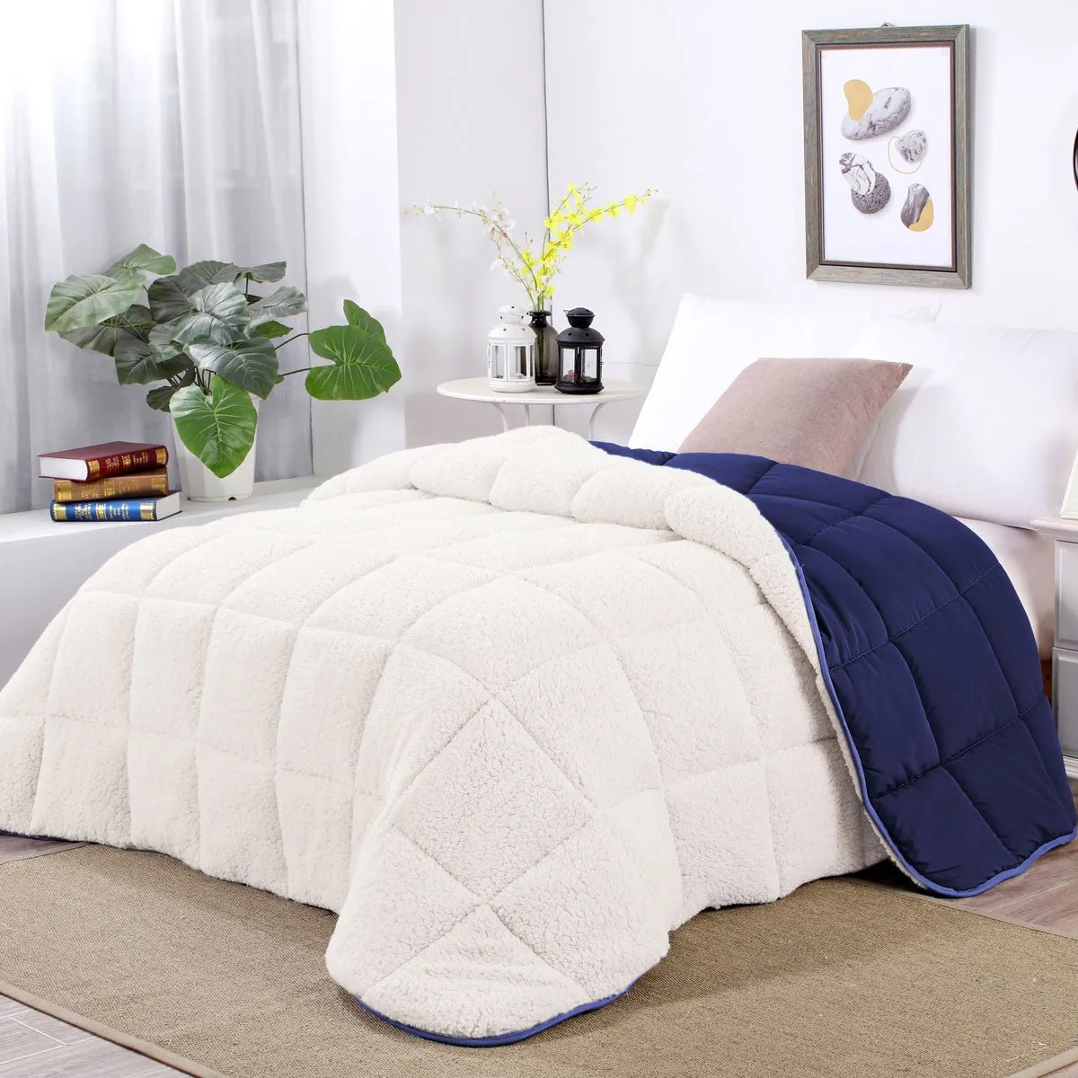 Blue Depth Sherpa Fleece Reversible 3 Pcs Comforter Set Queen