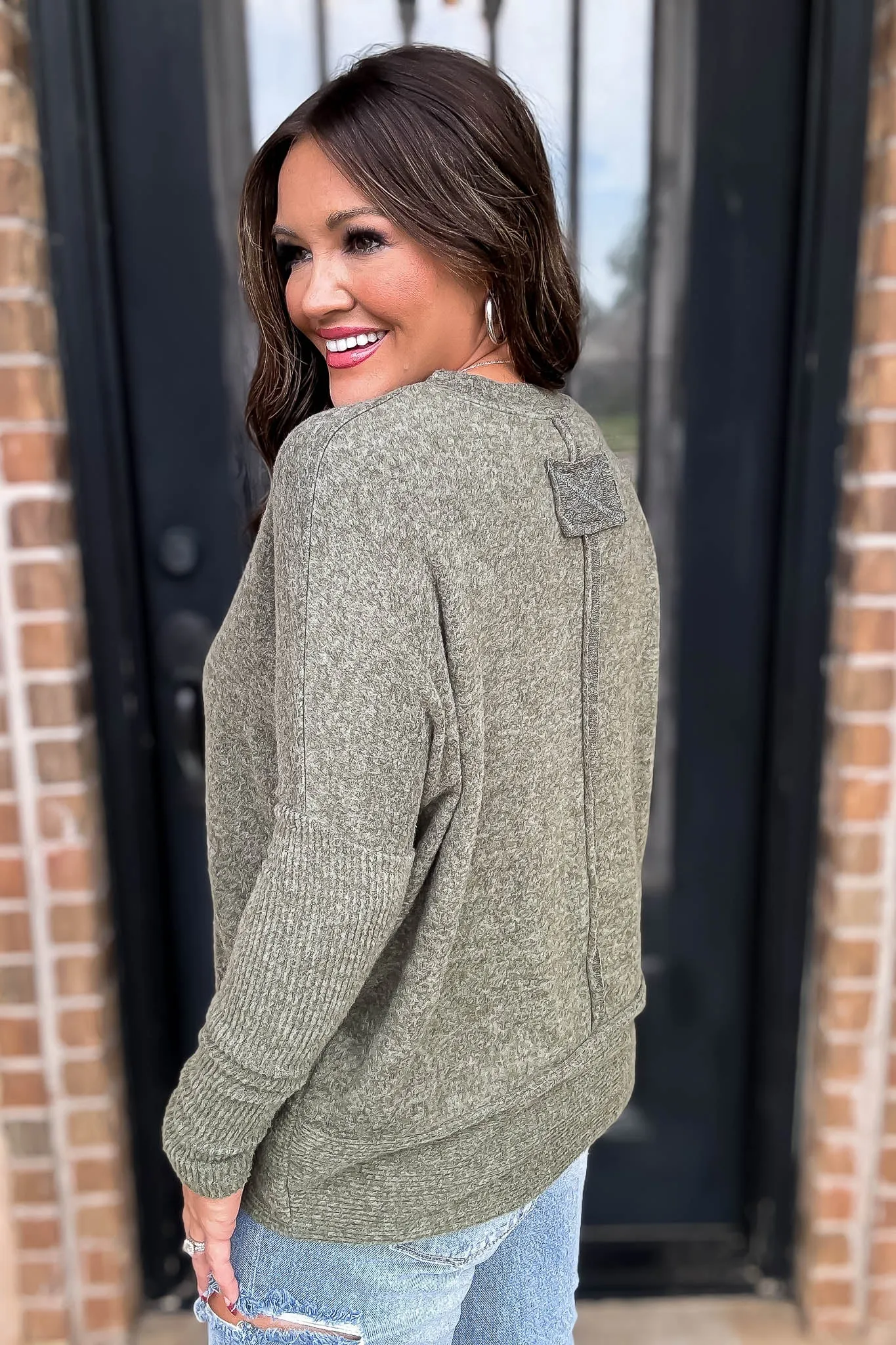 Campfire Brushed Dark Olive Melange Hacci Dolman Sleeve Sweater