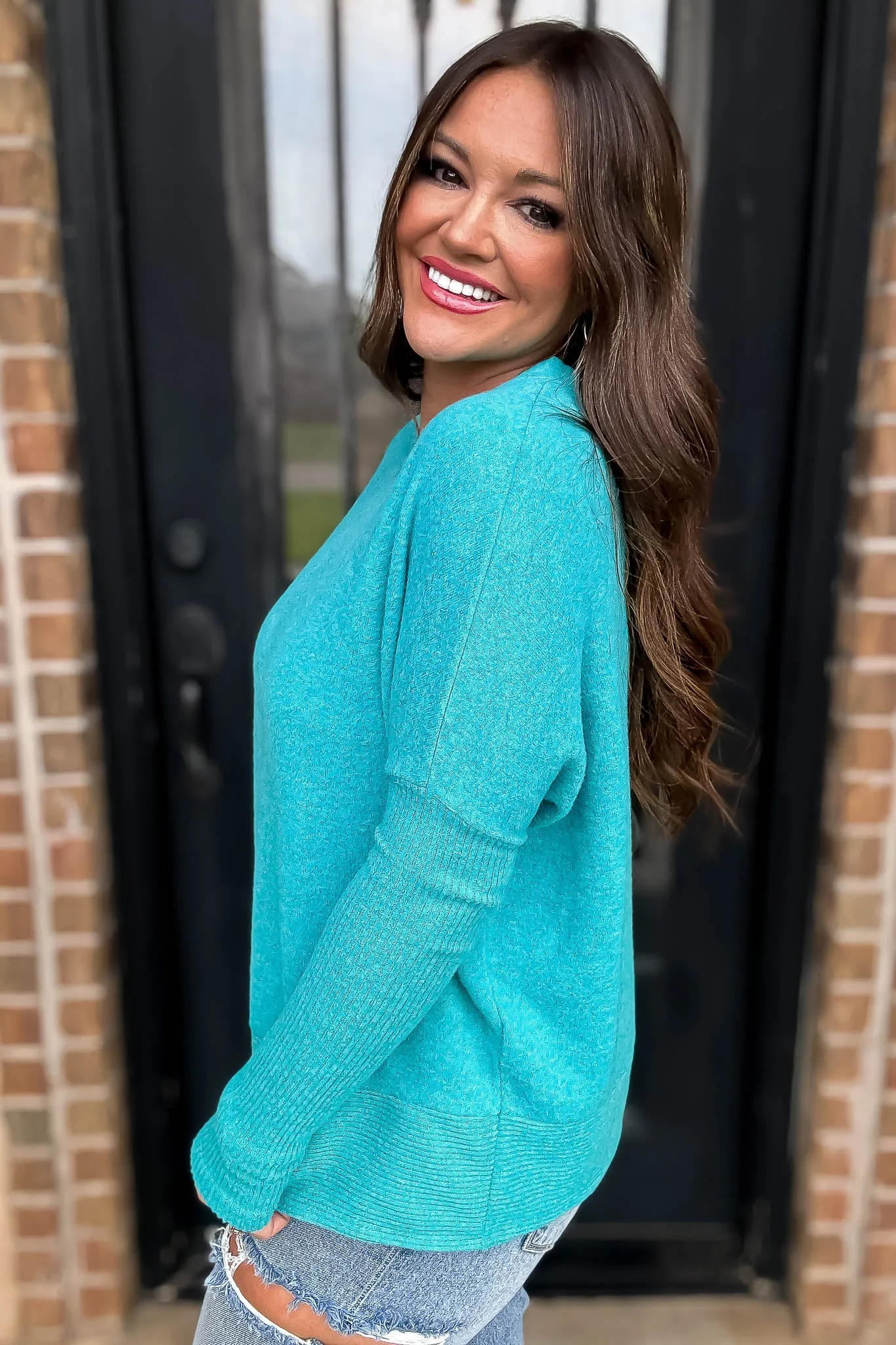 Campfire Brushed Light Teal Melange Hacci Dolman Sleeve Sweater