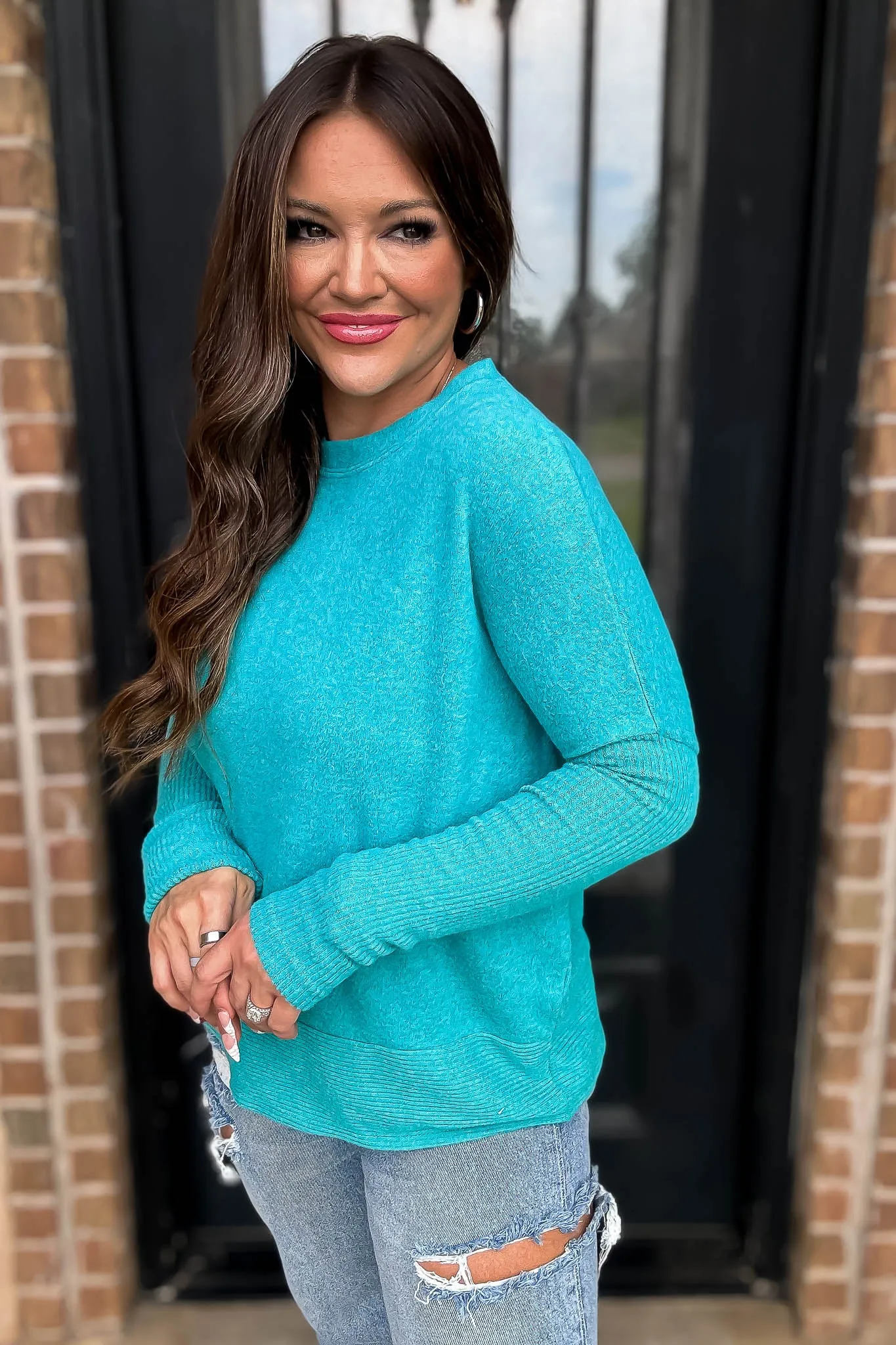 Campfire Brushed Light Teal Melange Hacci Dolman Sleeve Sweater