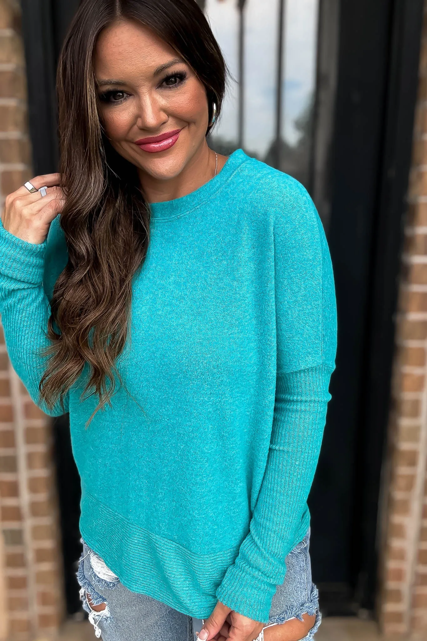 Campfire Brushed Light Teal Melange Hacci Dolman Sleeve Sweater