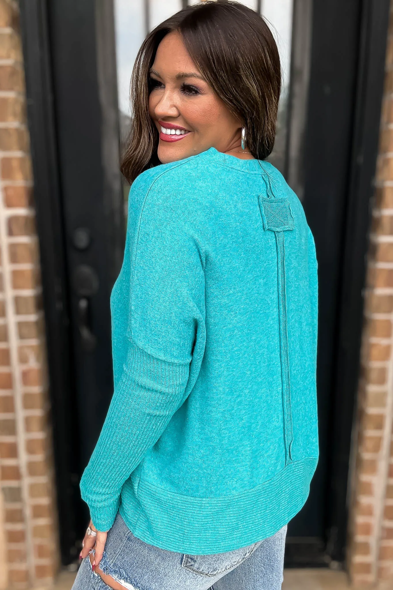 Campfire Brushed Light Teal Melange Hacci Dolman Sleeve Sweater