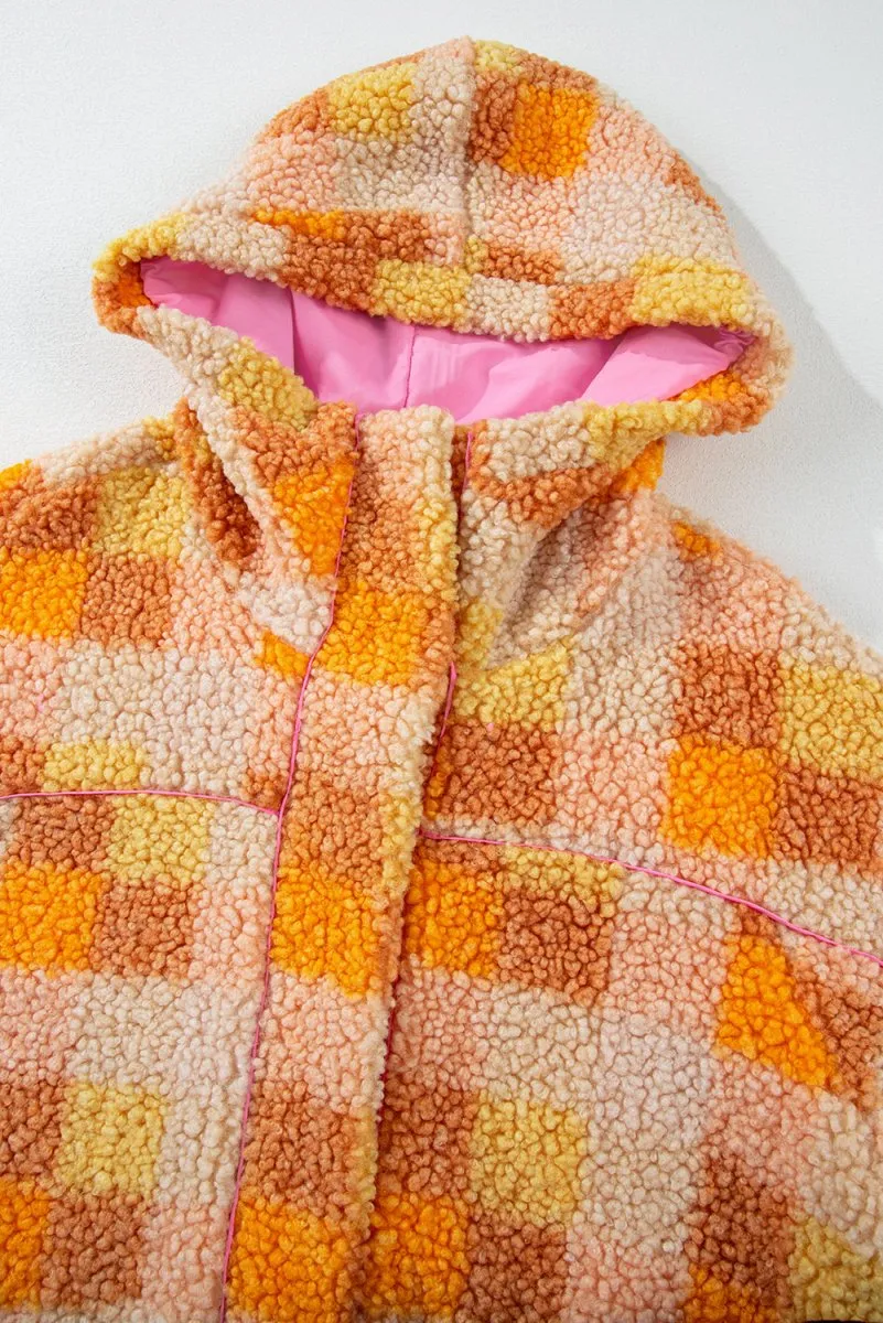 Checkered Orange Sherpa Hooded Jacket