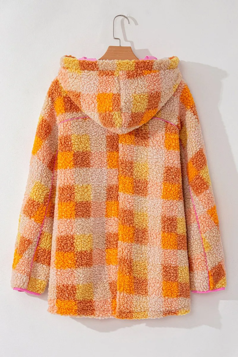 Checkered Orange Sherpa Hooded Jacket