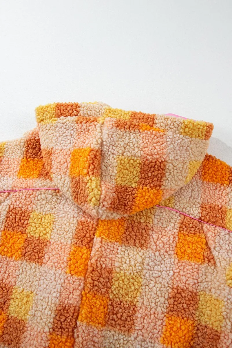 Checkered Orange Sherpa Hooded Jacket