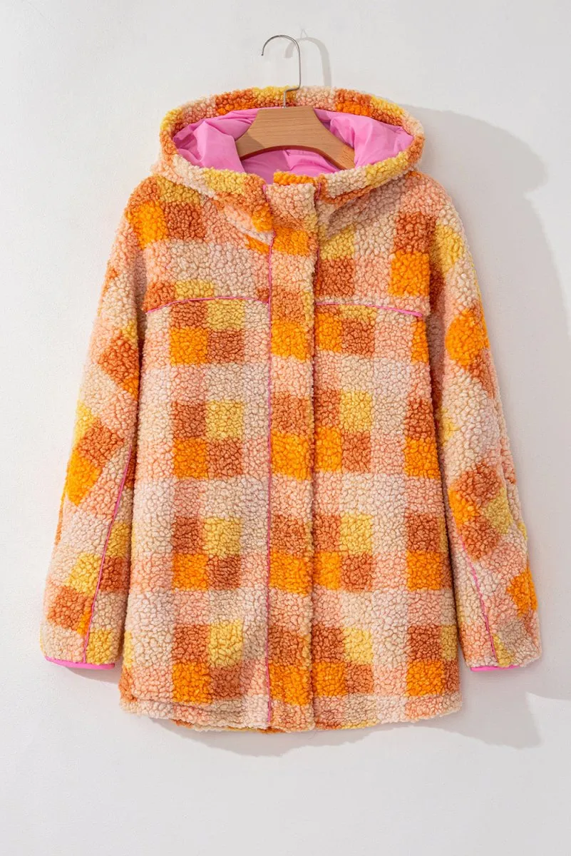 Checkered Orange Sherpa Hooded Jacket